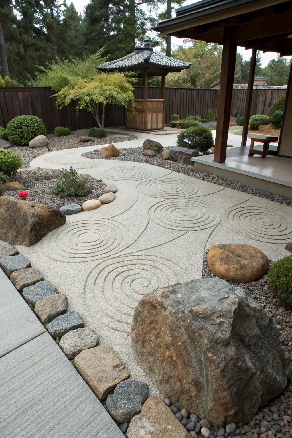 A stamped concrete patio with a tranquil Meditation space.