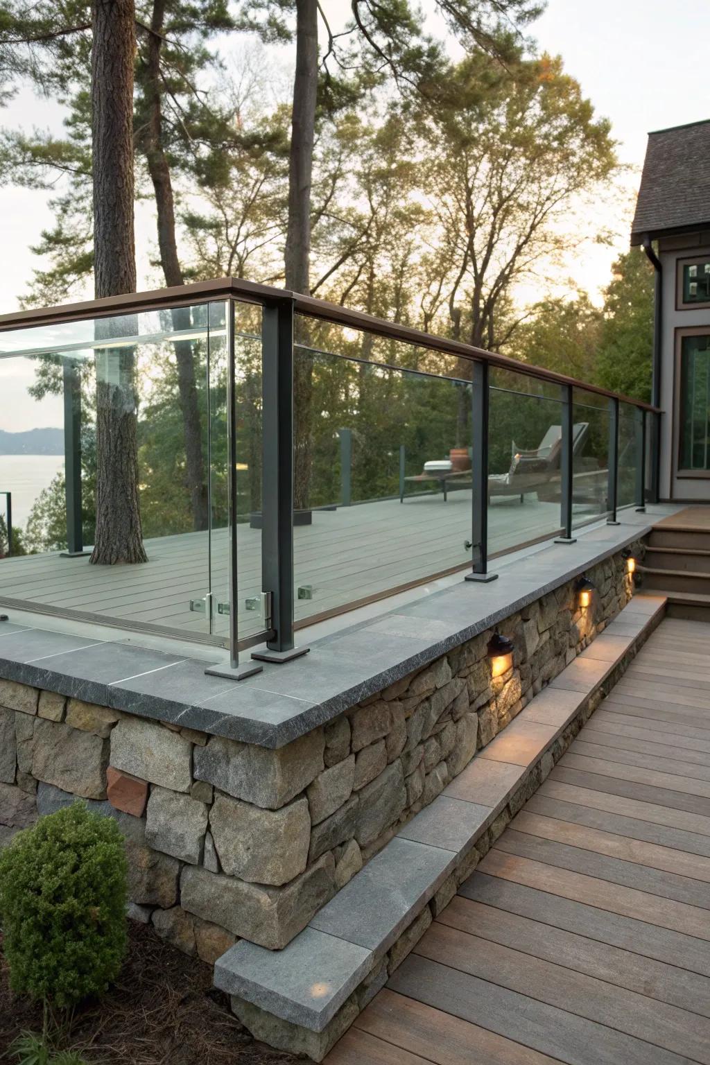 A sophisticated deck featuring an innovative mix of rock and glass trim.