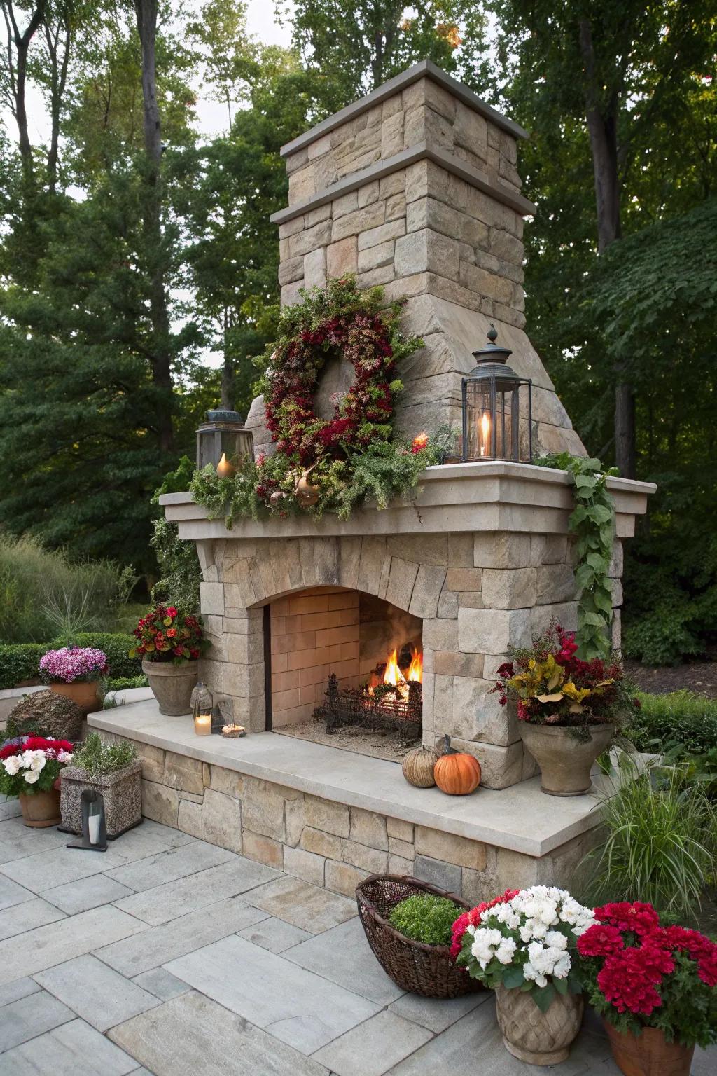 Seasonal charm on a stone mantel.