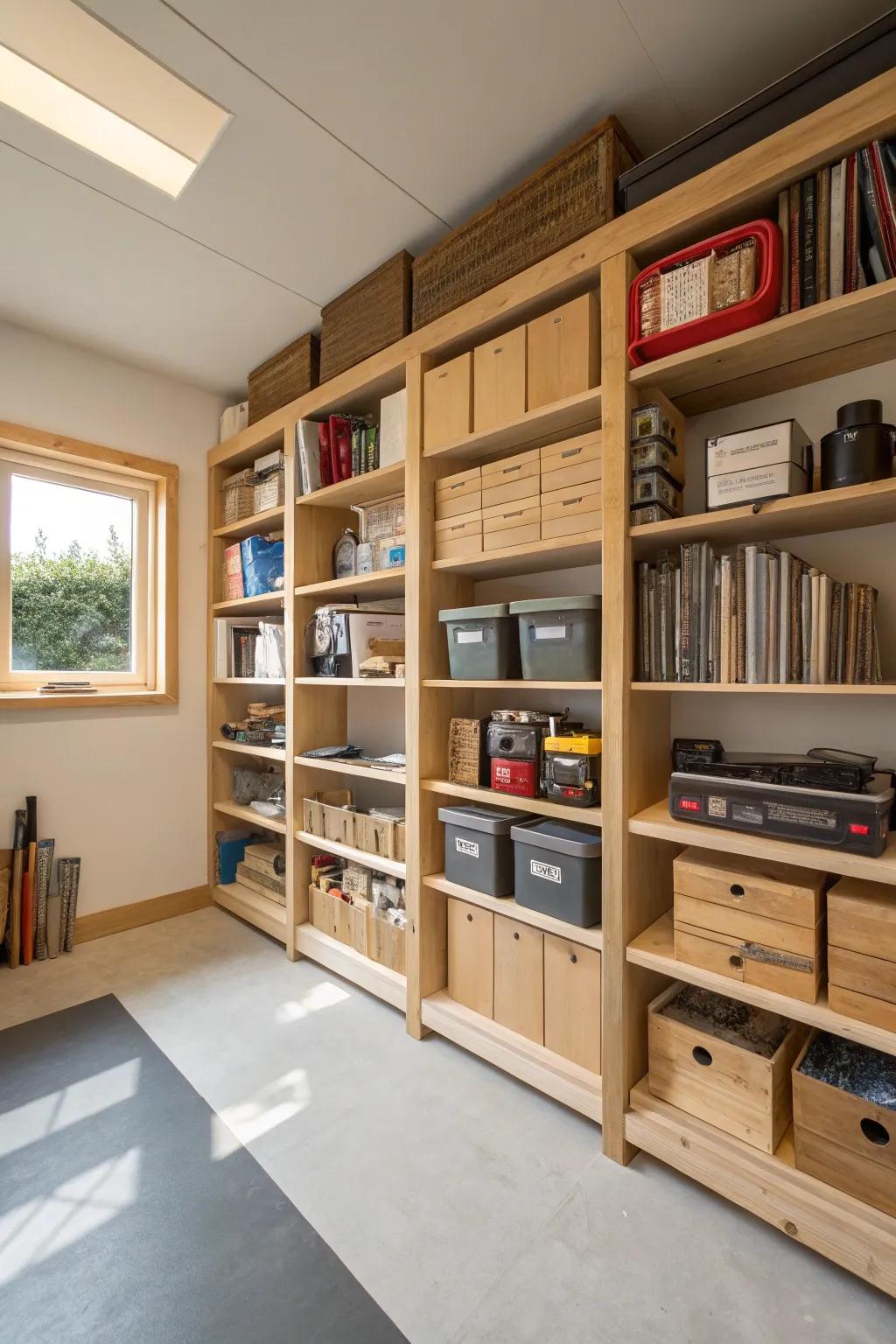 Built-in shelving provides a seamless and effective storage solution.