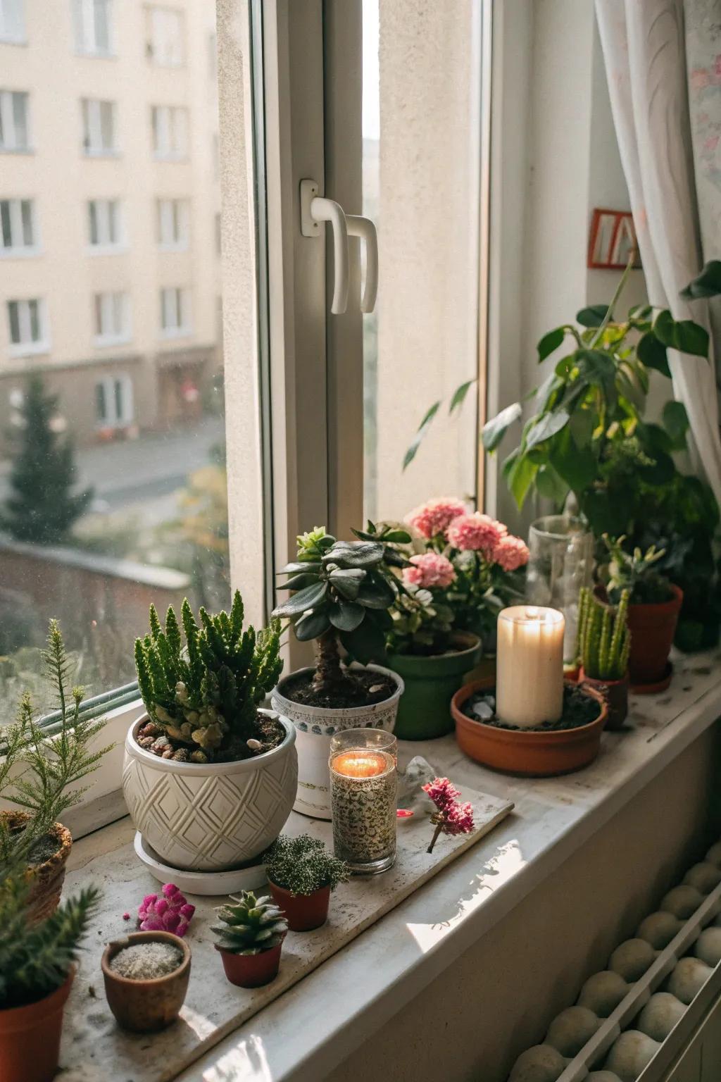 Windowsills give extra space for decor and greenery.