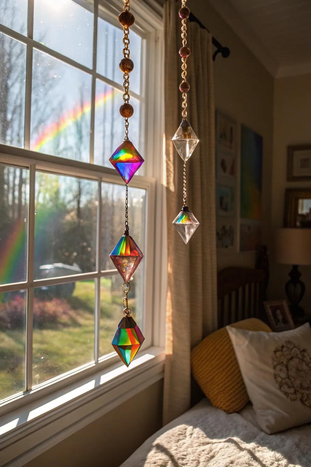 Prism light catchers create serene patterns.