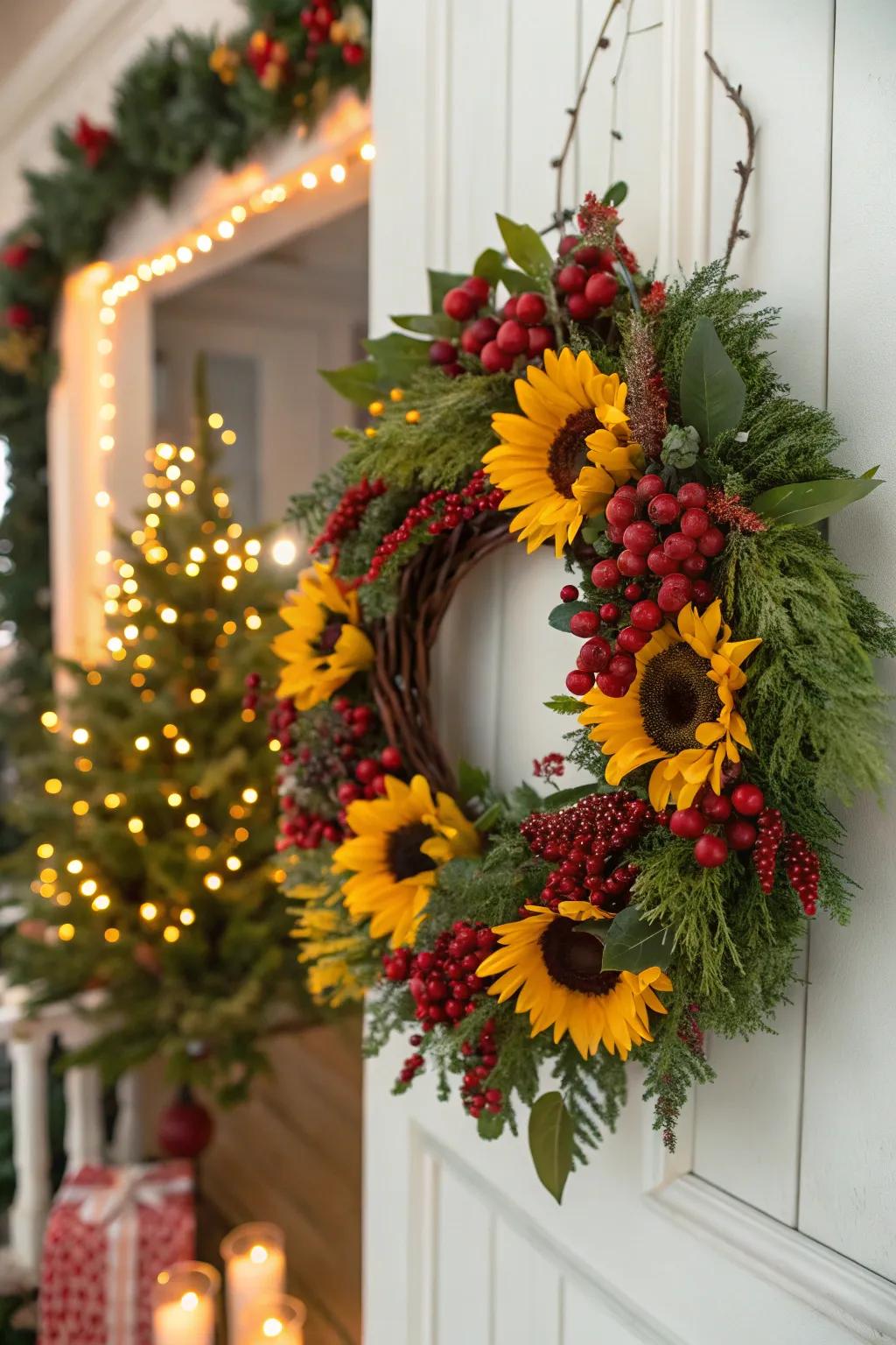Festive sunflower wreath with a vibrant berry garland.
