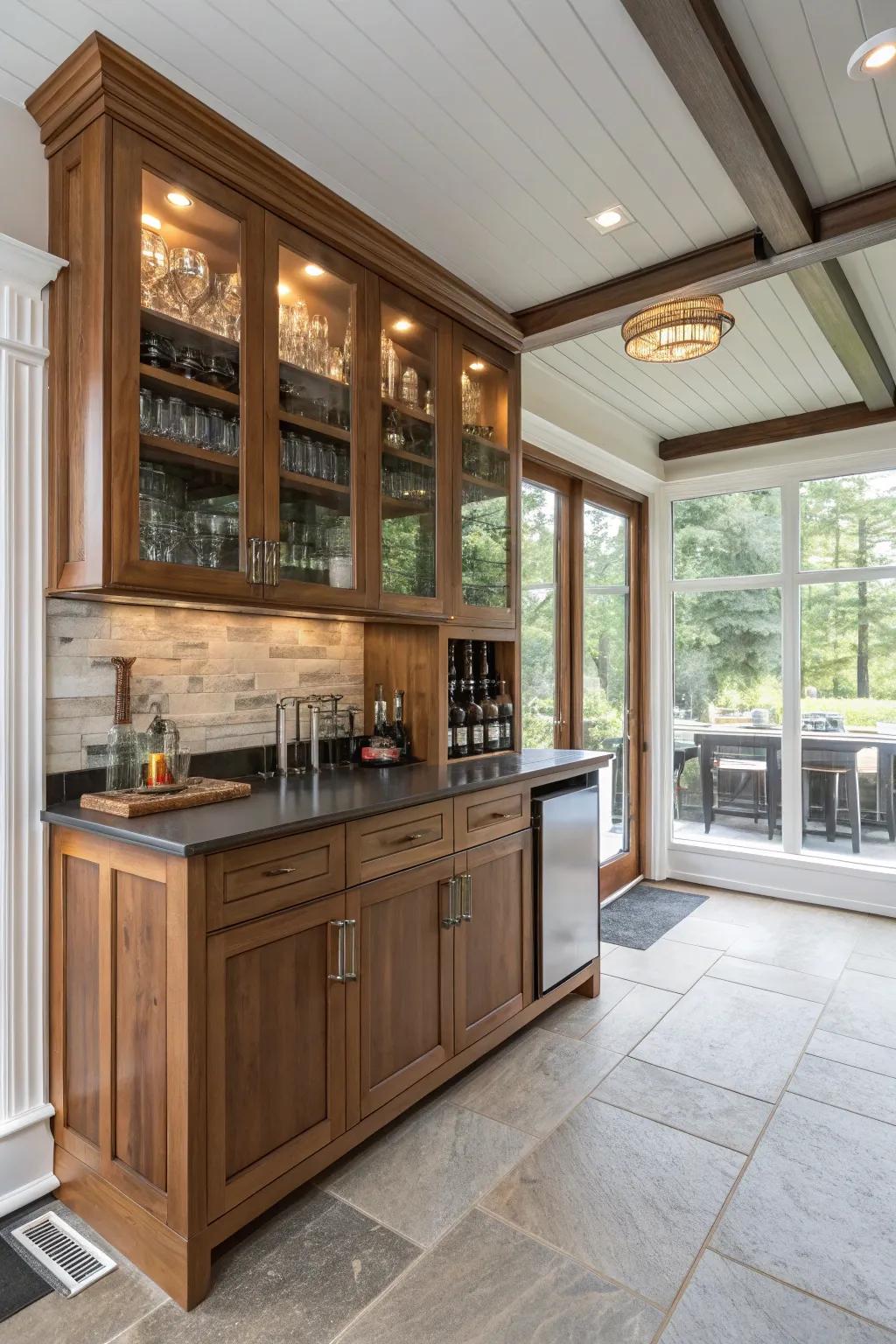 Custom carpentry offers tailored storage and style in your sunroom bar.