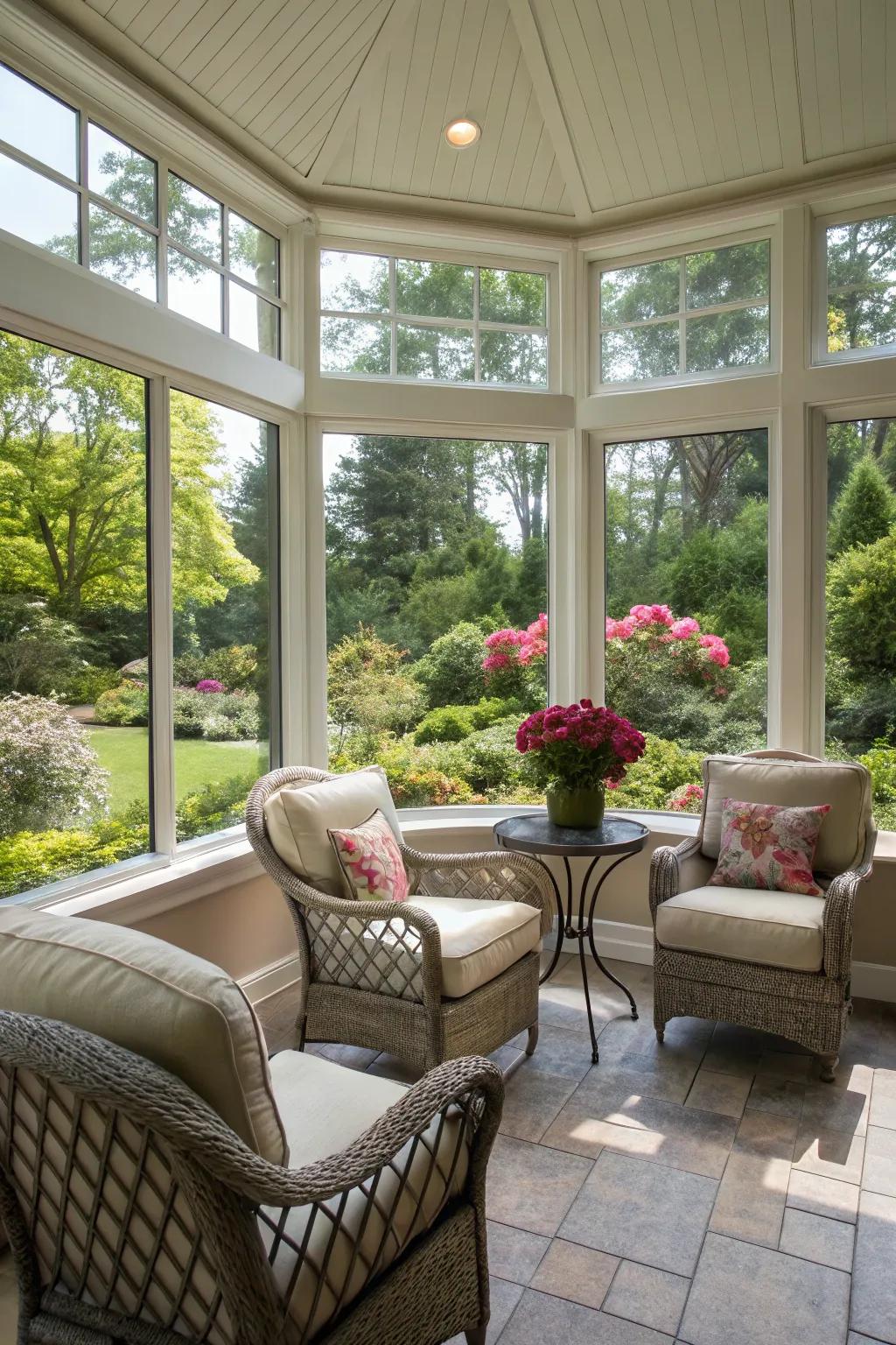 Seating positioned to enjoy outdoor vistas connects the sunroom with nature.