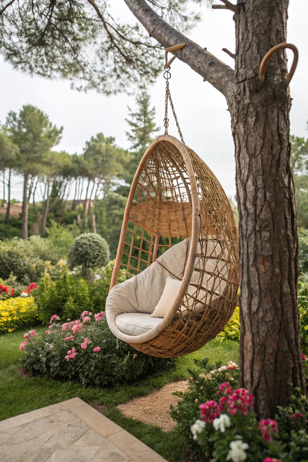 A woven cocoon swing presents a snug garden retreat.