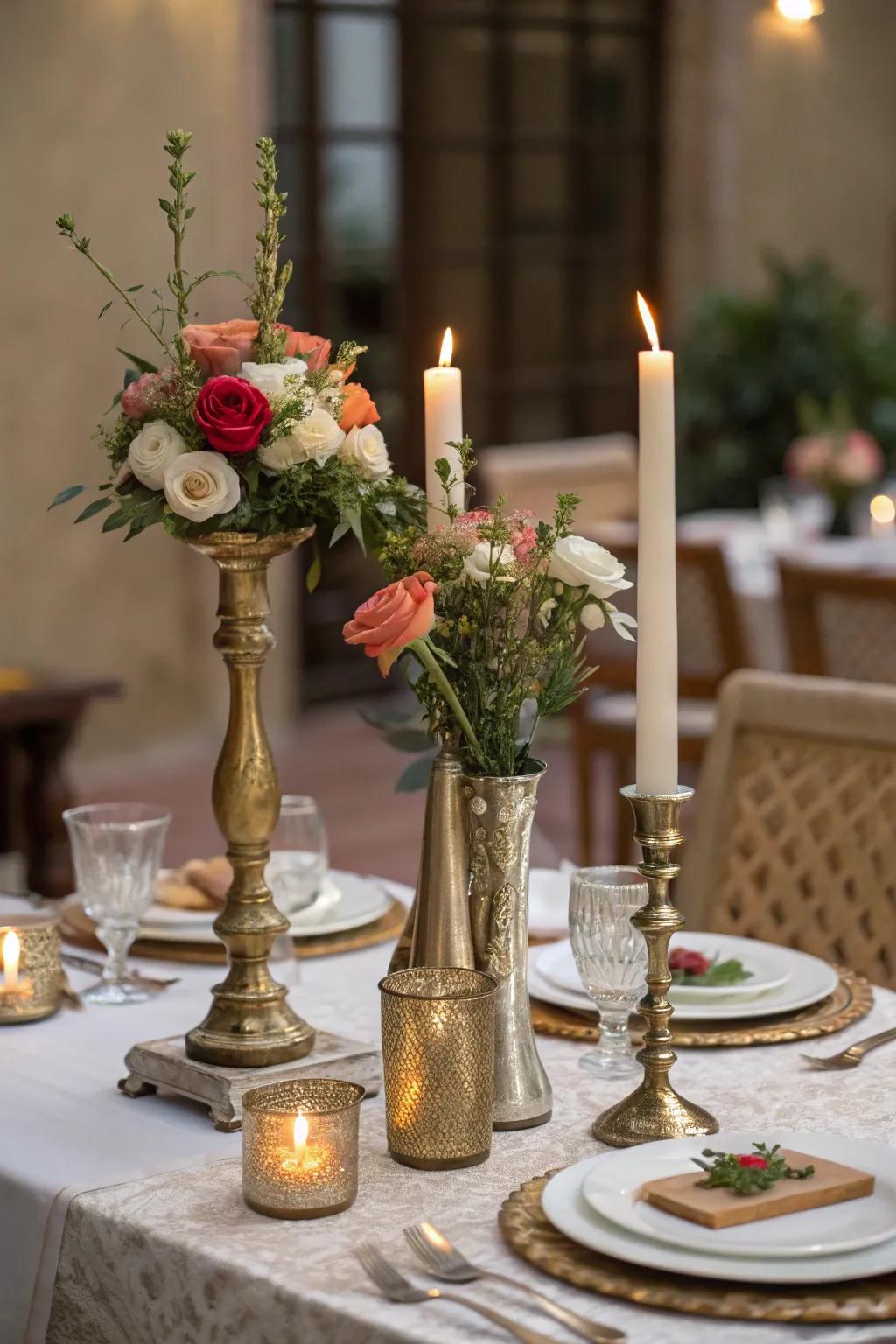 A dynamic centerpiece using different heights for a unique look.