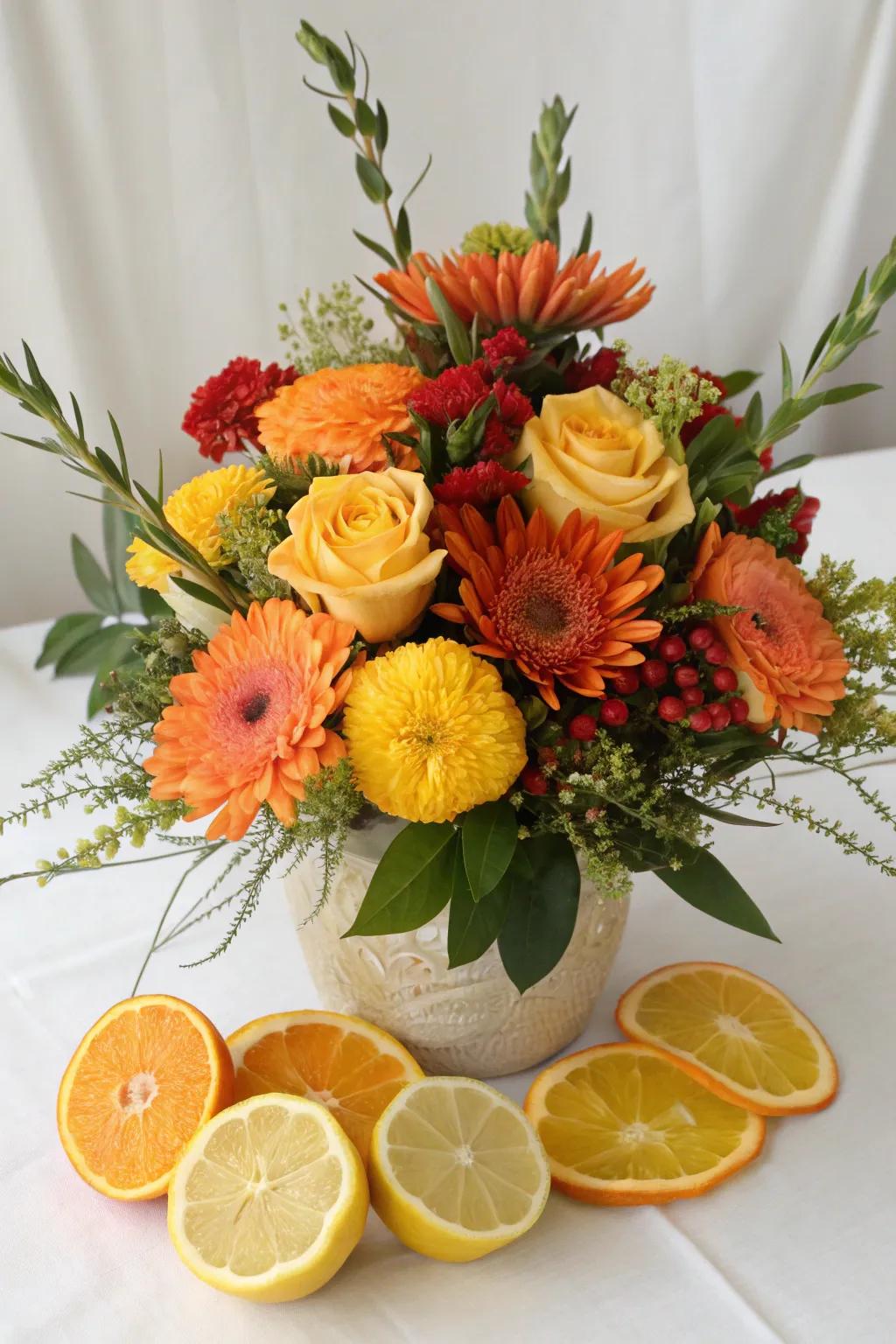 A revitalizing centerpiece showcasing floral arrangements and citrus fruits.