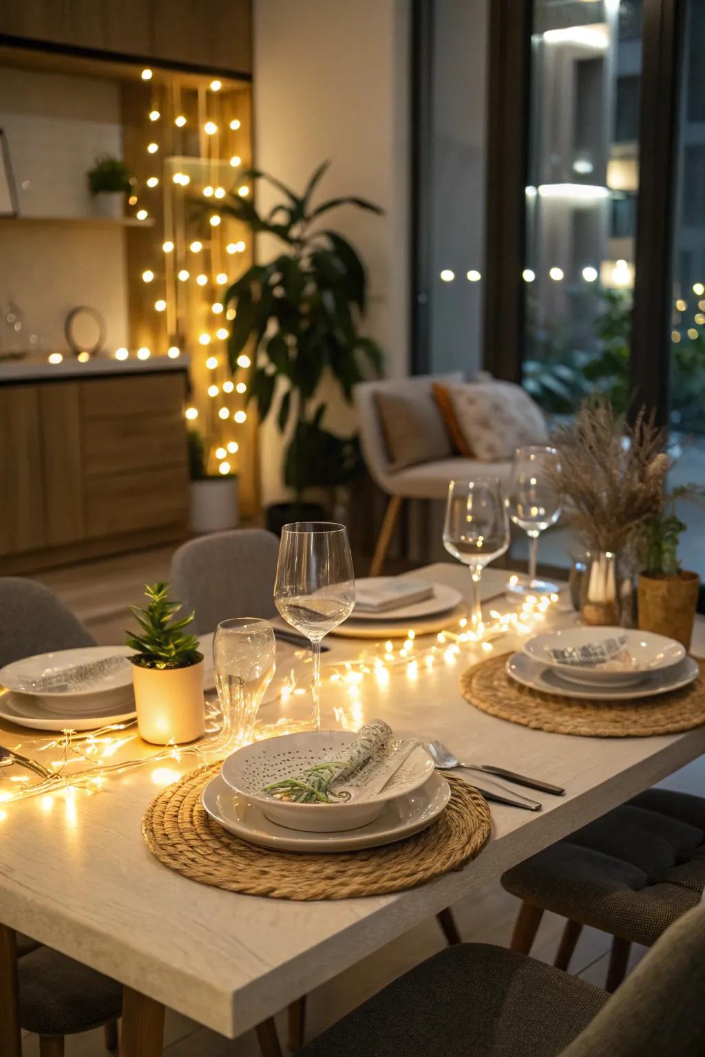 A tabletop illumination strand imparts a cozy and welcoming radiance to the decor.
