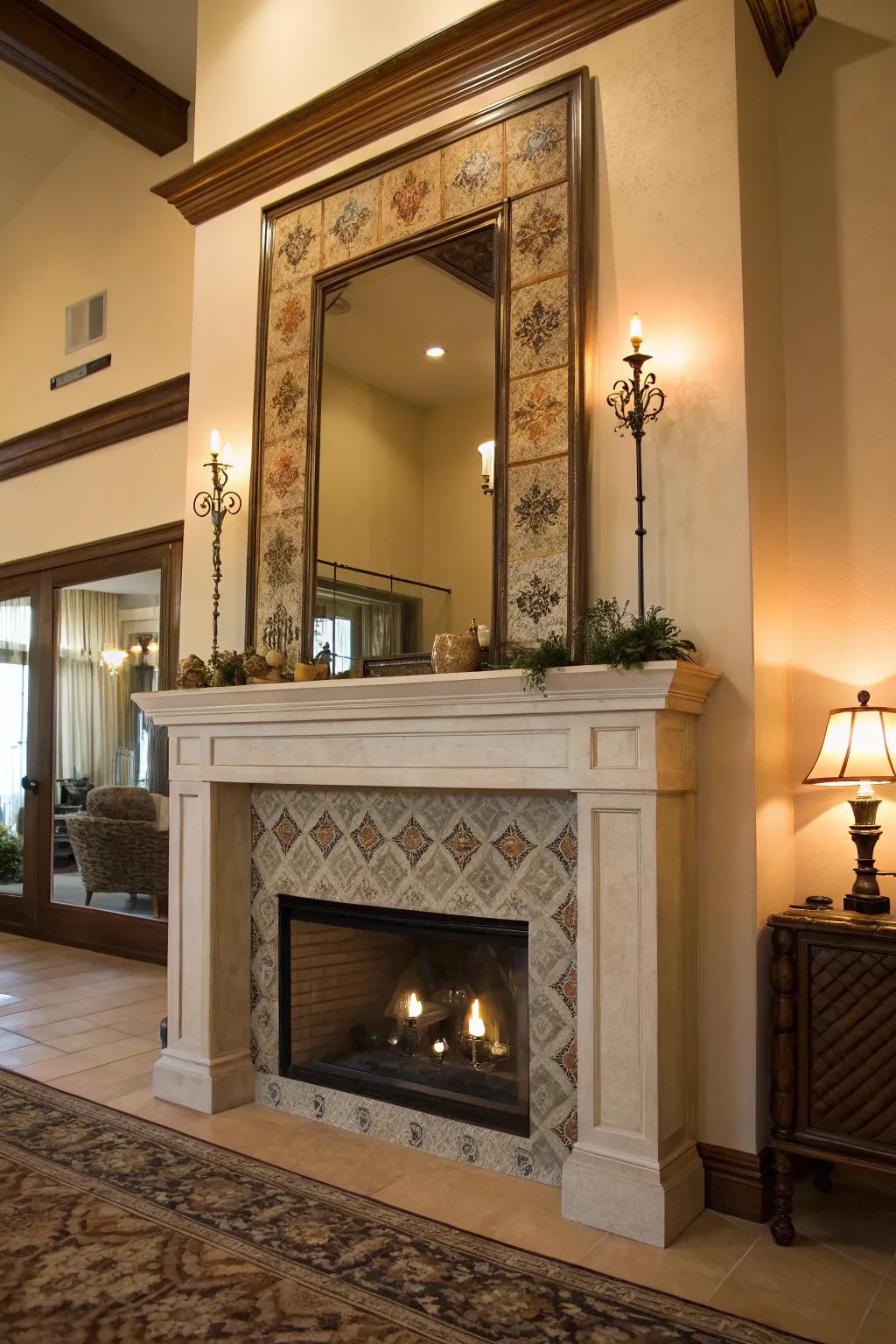 A full-length mirror adds elegance and space to a fireplace wall.