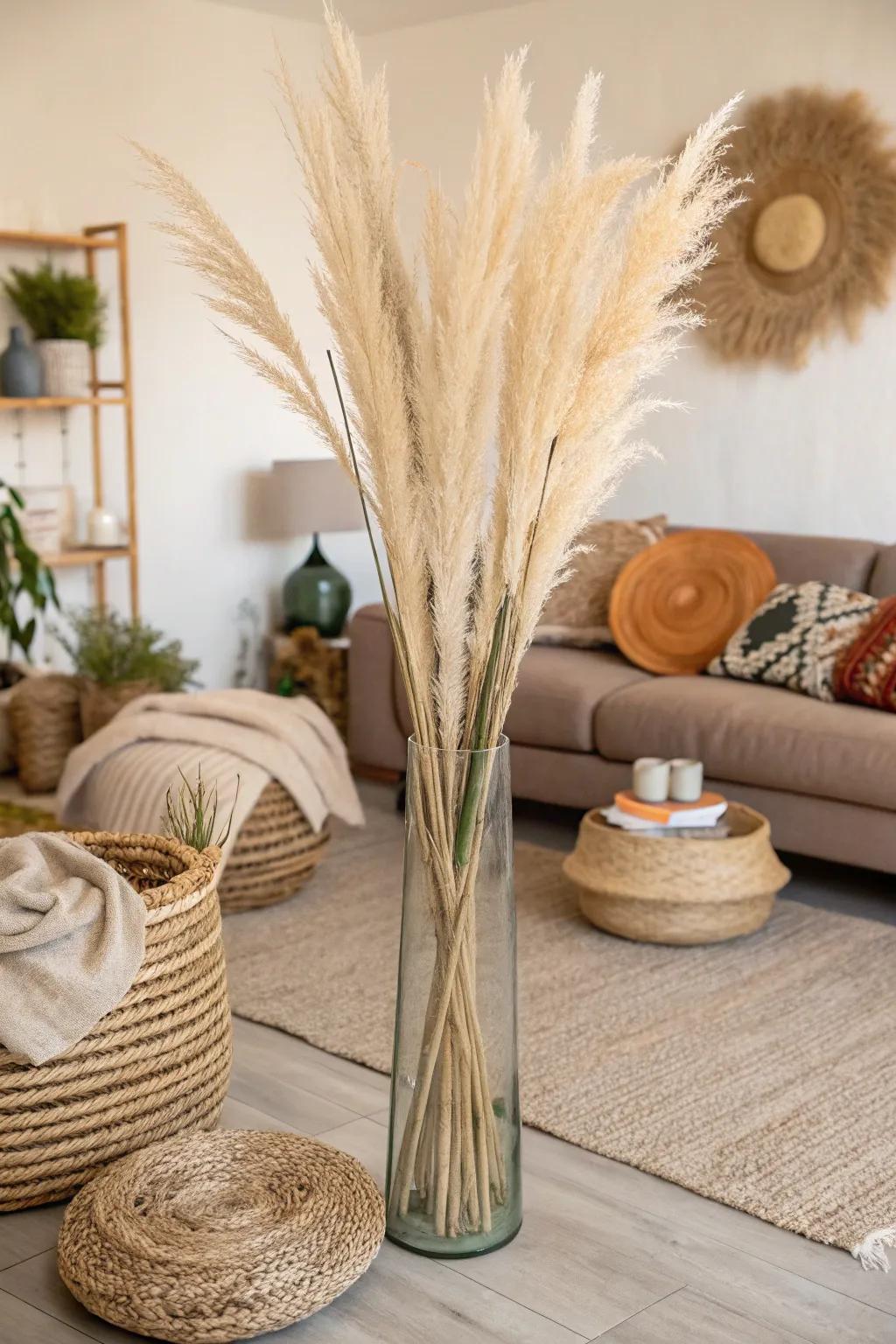 An elevated glass vase brimming with pampas reed, thereby imparting stature and bohemian panache to the parlor.