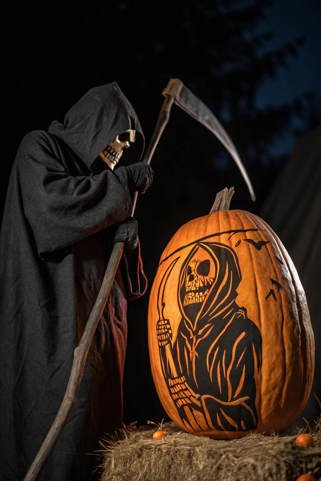 Infuse a chilling presence through a dismal harvester pumpkin design.