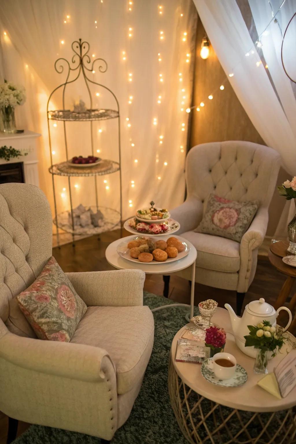 A cozy indoor setup creates an intimate tea party atmosphere.