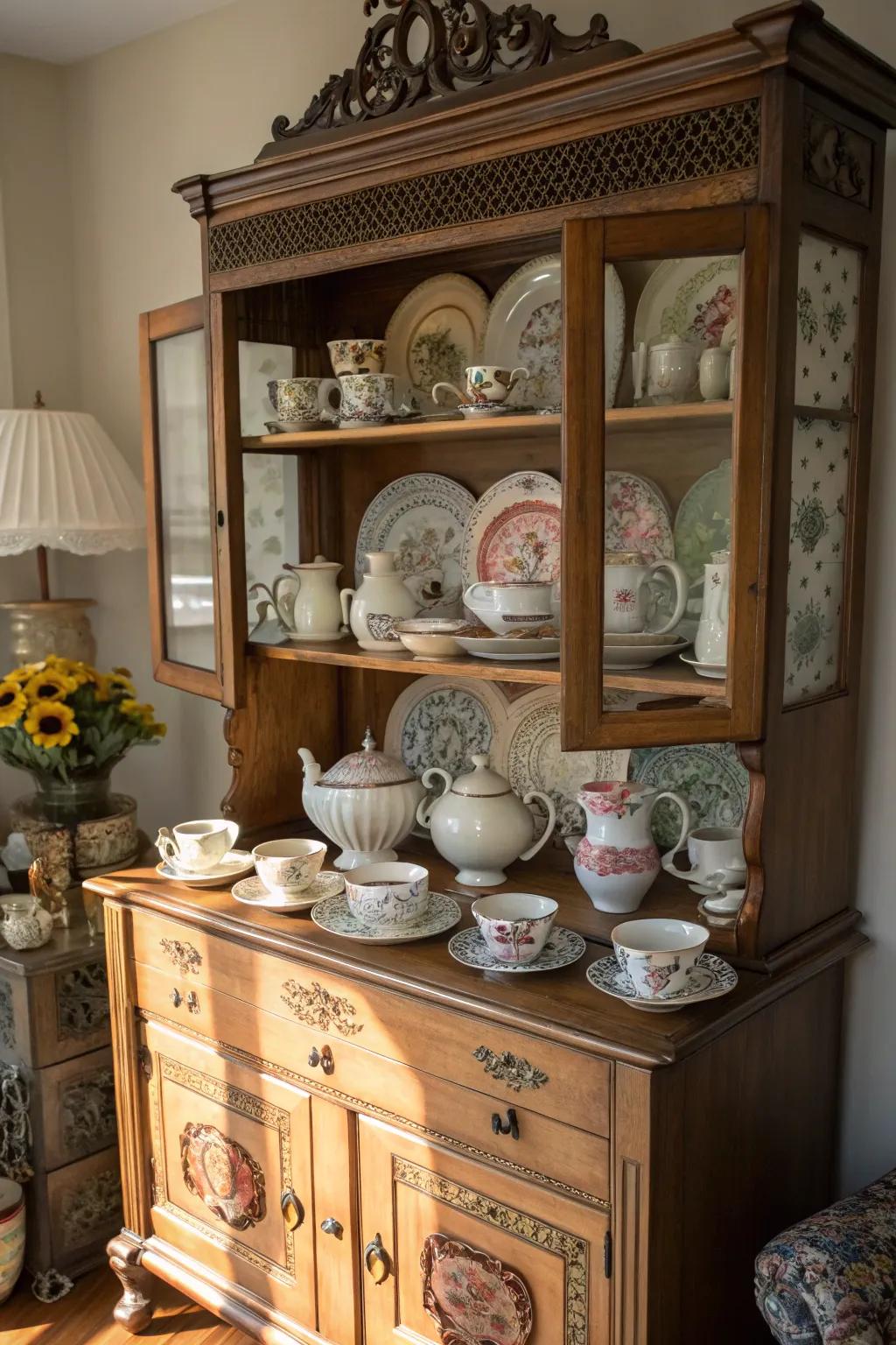 A vintage display case showcasing a tea set collection.
