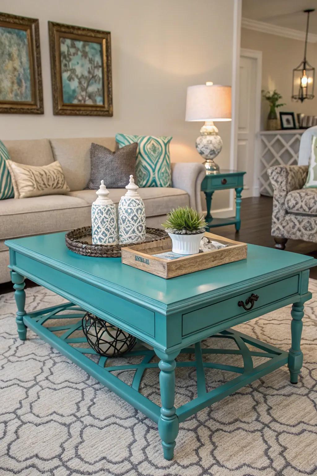 An aquamarine center table acts as an audacious core element in this fashionable living room.