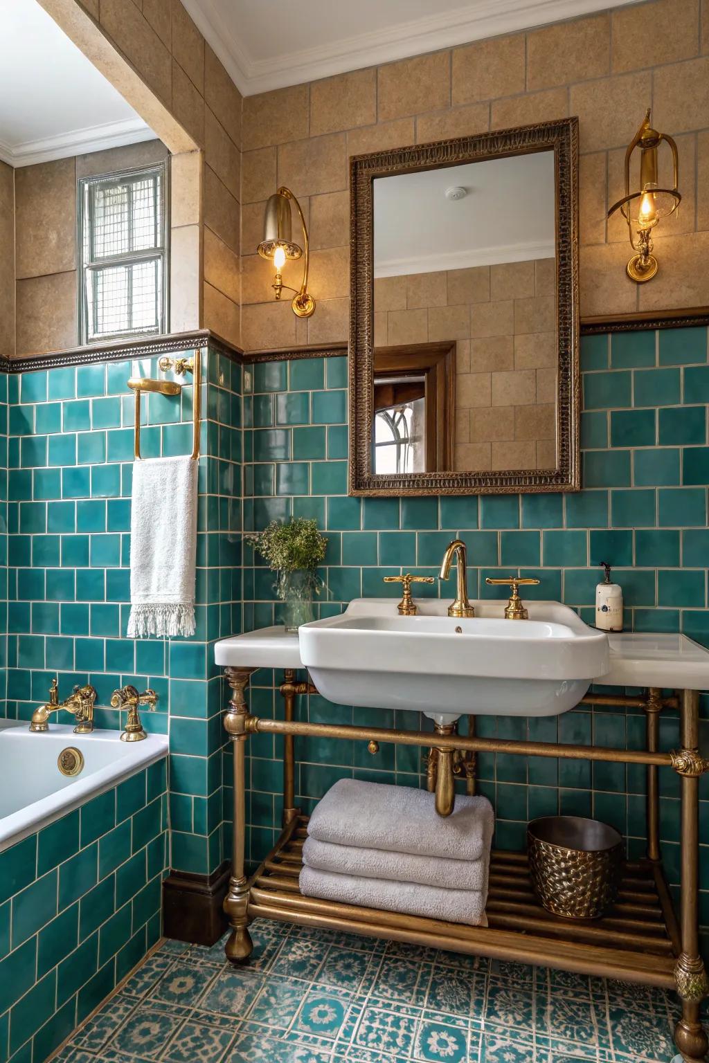 Brass fixtures incorporate vintage charm to teal tiling.