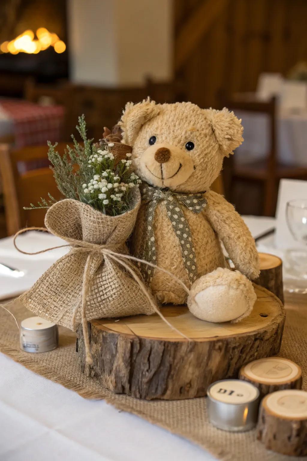 Country hessian imparts warmth to a cuddly bear centerpiece.
