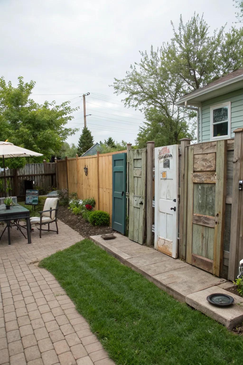 Reclaimed doors create a whimsical and personalized privacy fence.