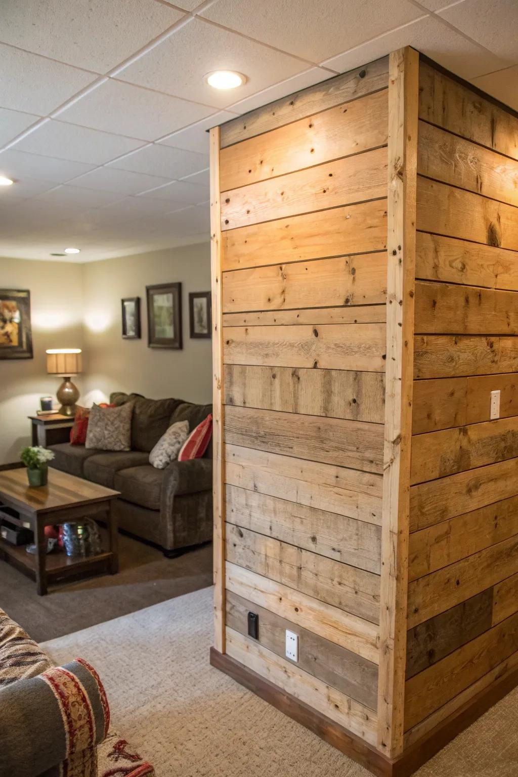 Wood paneling creates a warm, country feel on a temporary wall.