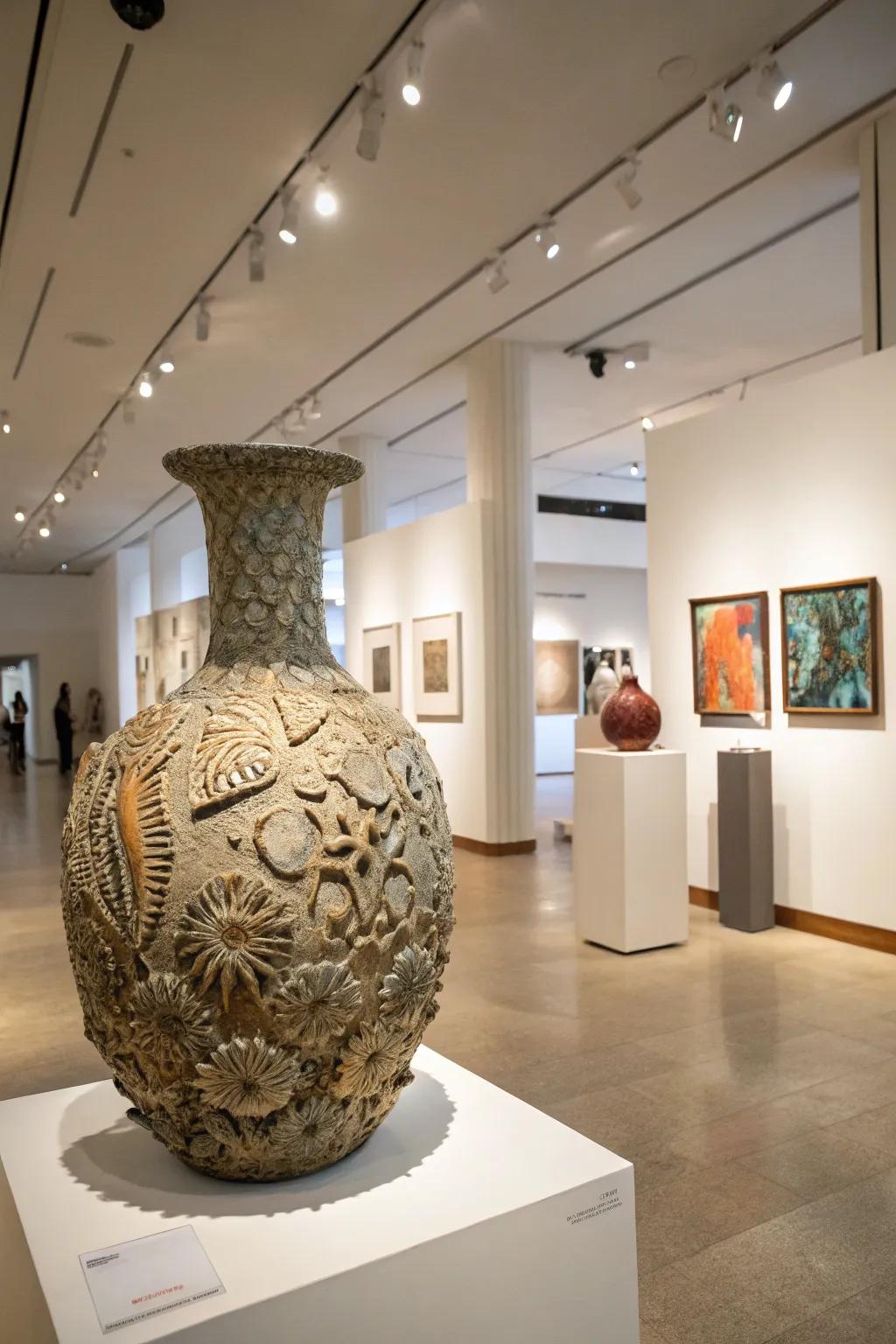 In this modern gallery, a sculptural textured art piece draws attention.