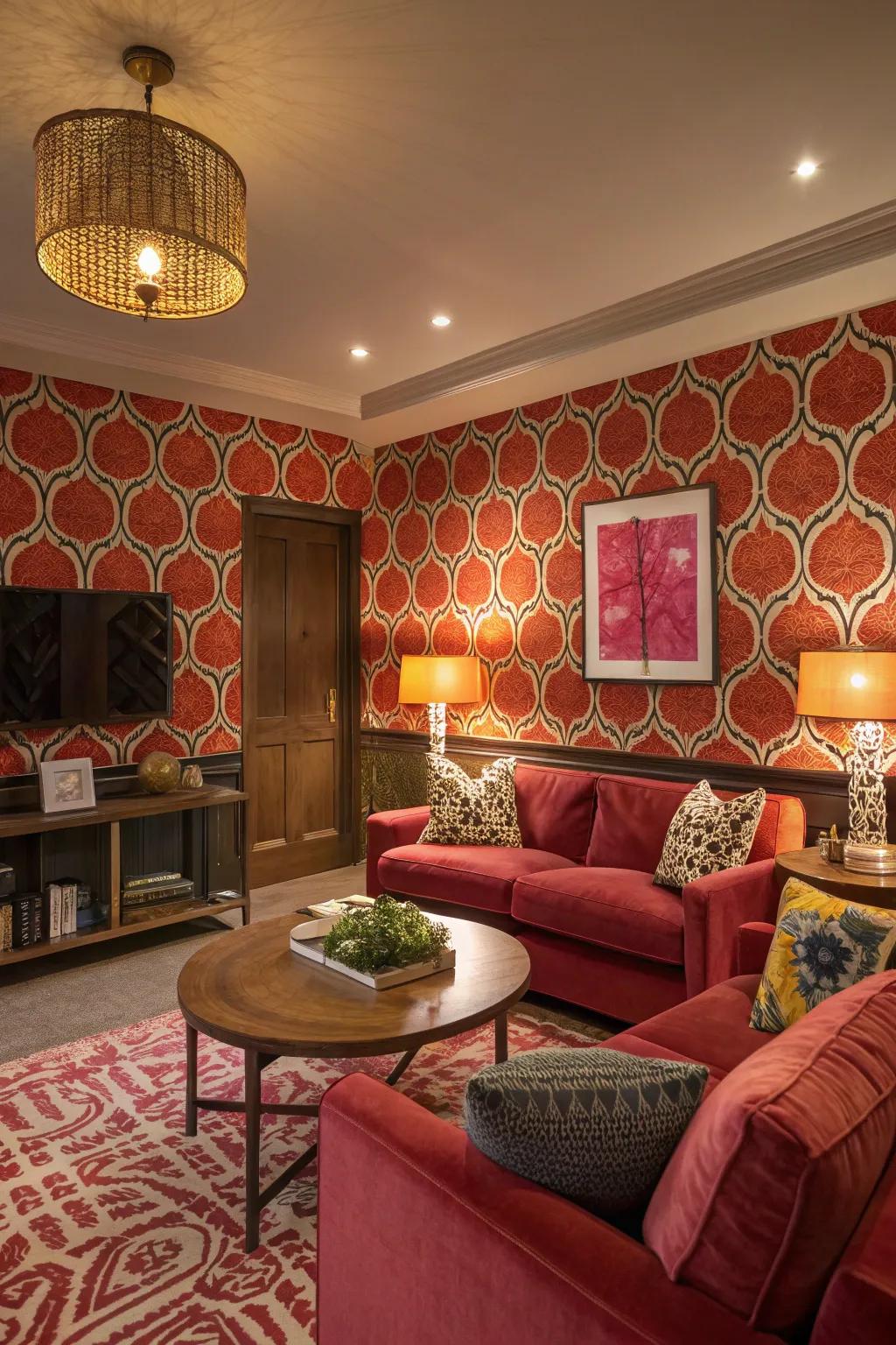 A chic living room featuring bold patterned wallpaper.
