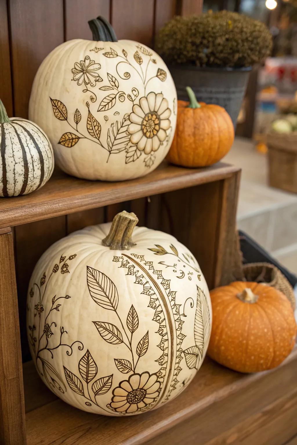 Elegant organic patterned pumpkins that add artistic flair to any decor.