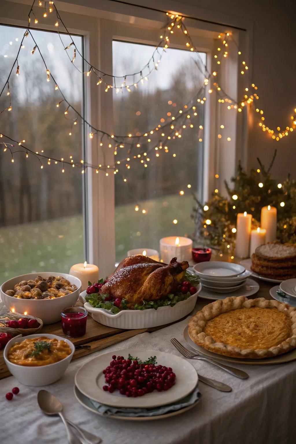 Fairy lights append a magical radiance to the Thanksgiving table.