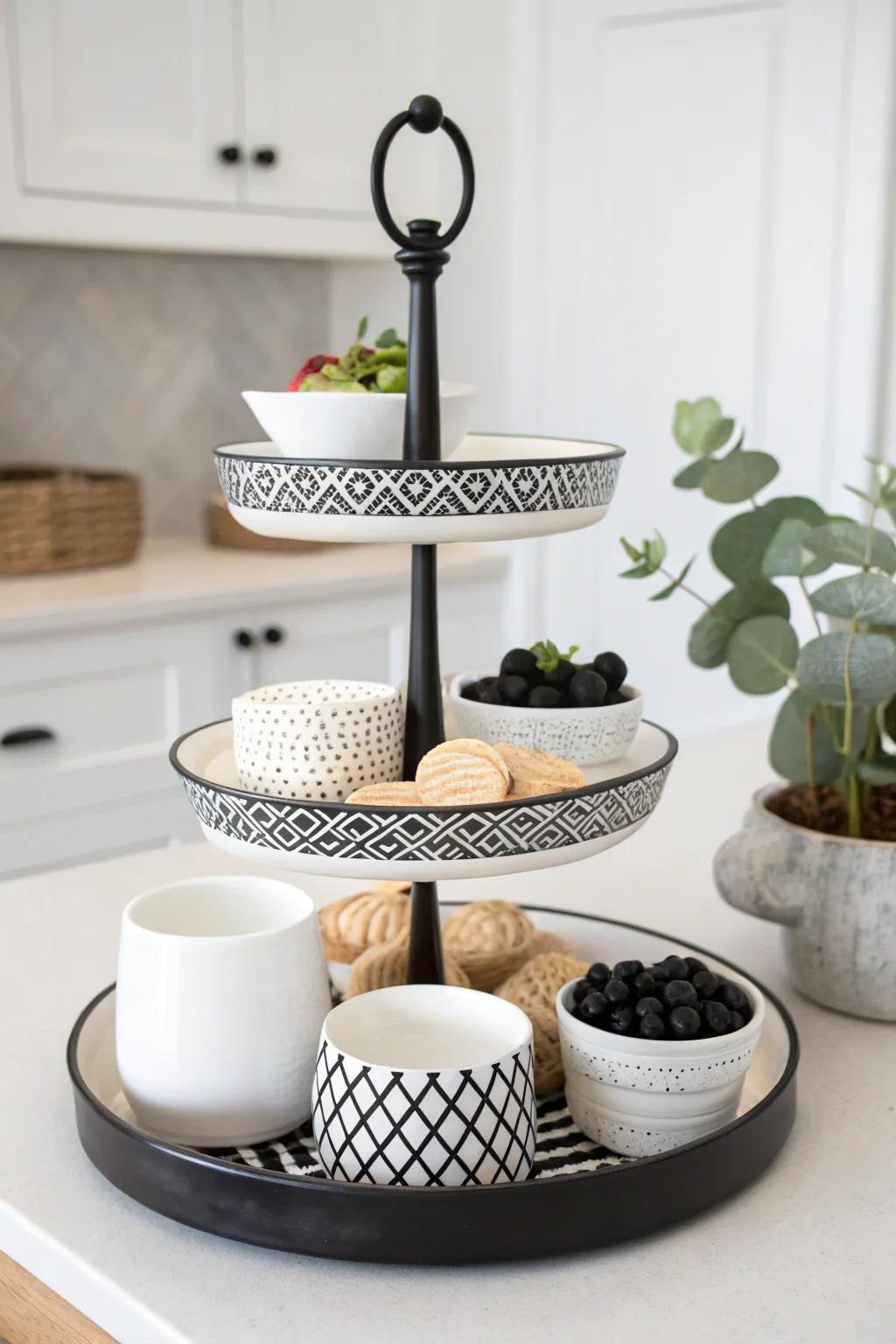 A monochrome-themed tiered tray exudes sophistication.