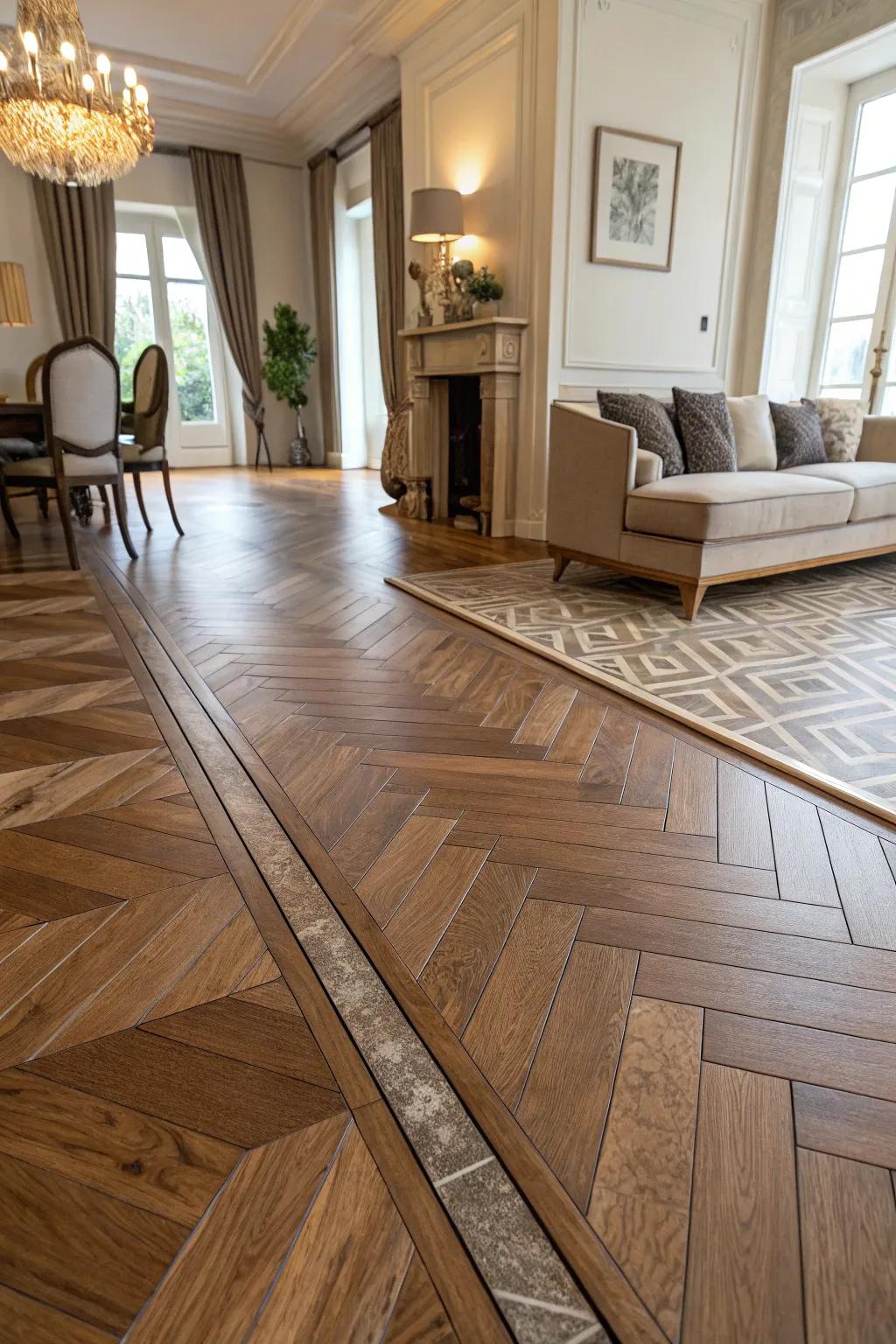 Diagonal cut tiles establish a subtle transition into timber flooring.