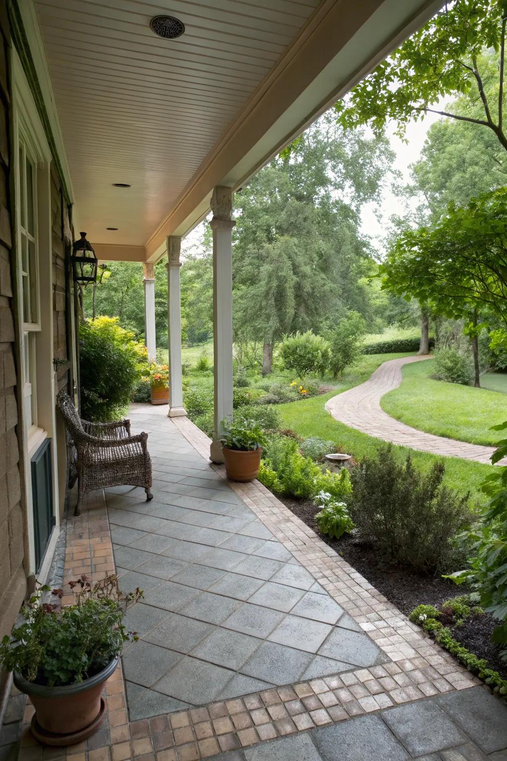 Garden paving tiles create a natural flow from the garden to the porch.