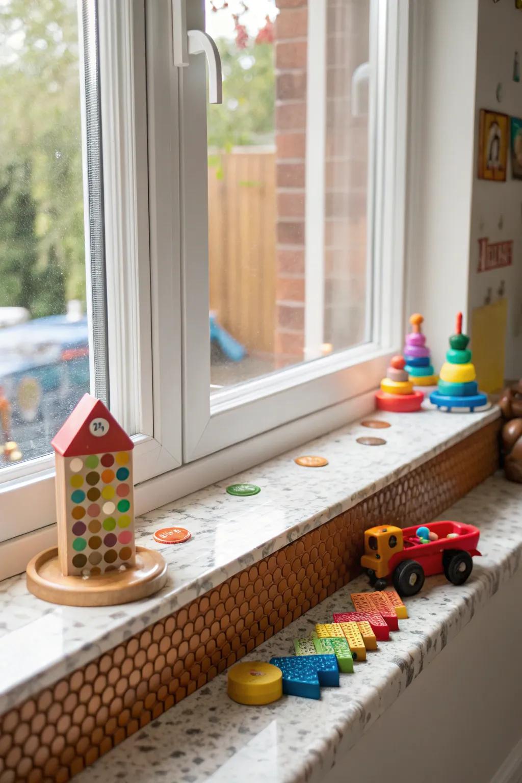 Penny tiles add a vibrant and whimsical touch to this child's playroom windowsill.