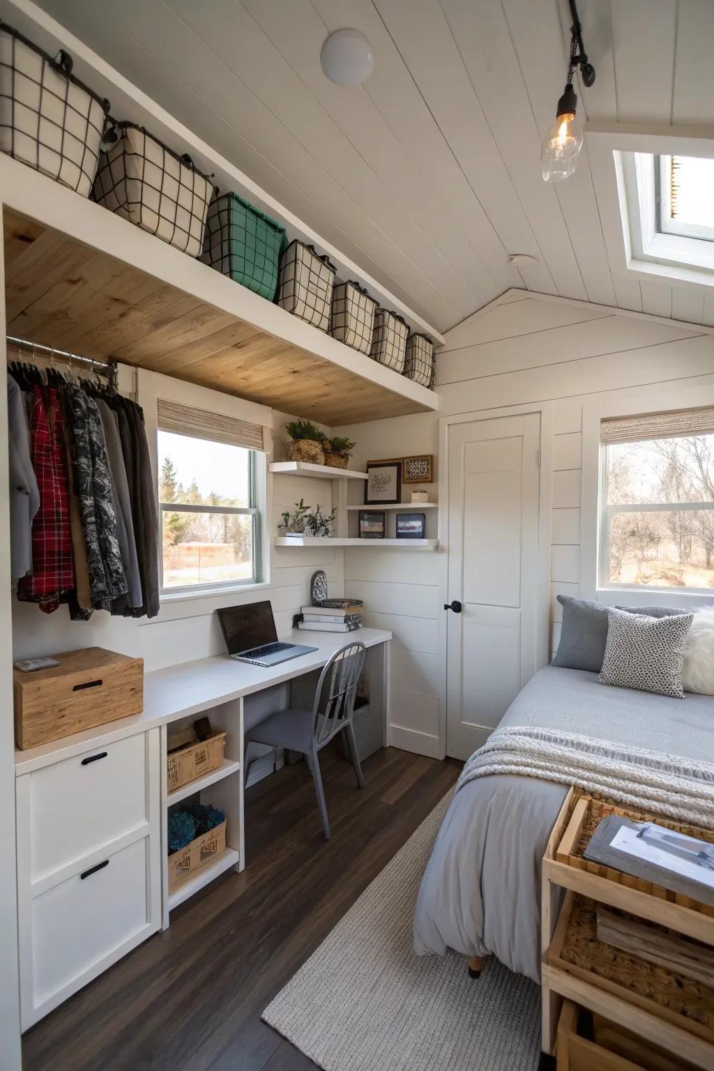 Storage racks attached to the ceiling keeping the sleeping space organized and free of clutter.