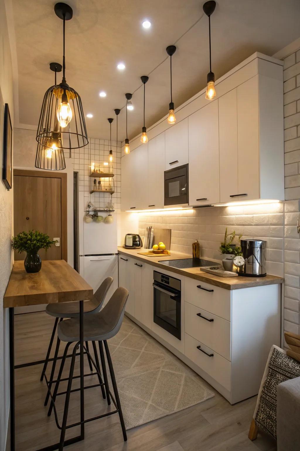 Innovative lighting fixtures add warmth and style to a small kitchen.
