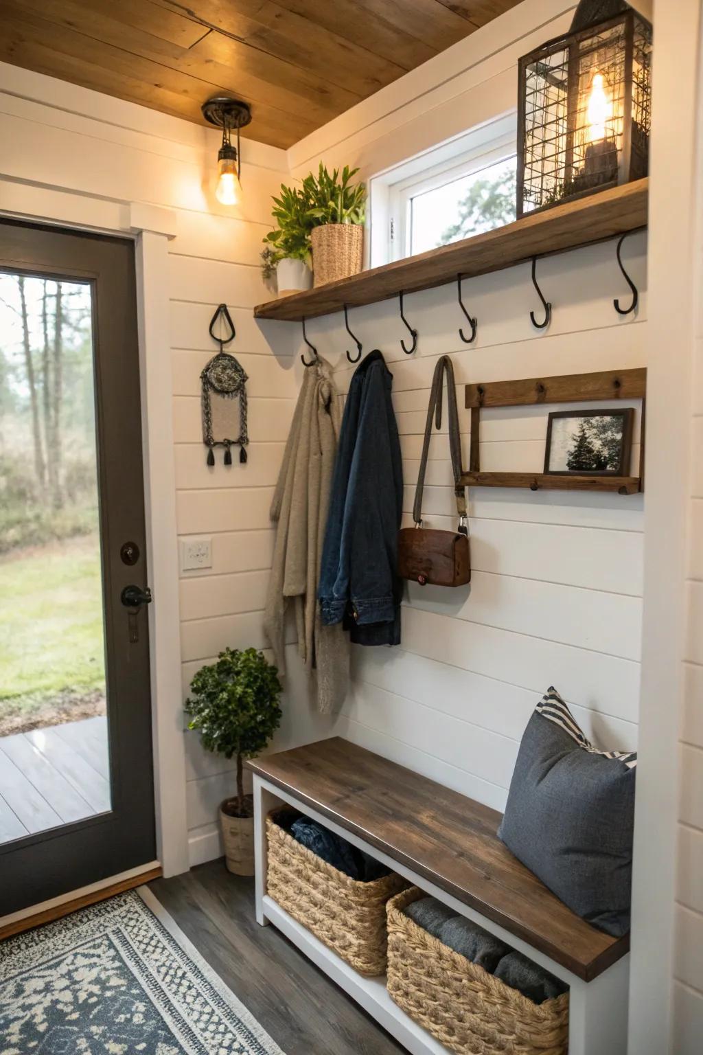 A systemized hanging station within a petite house entryway