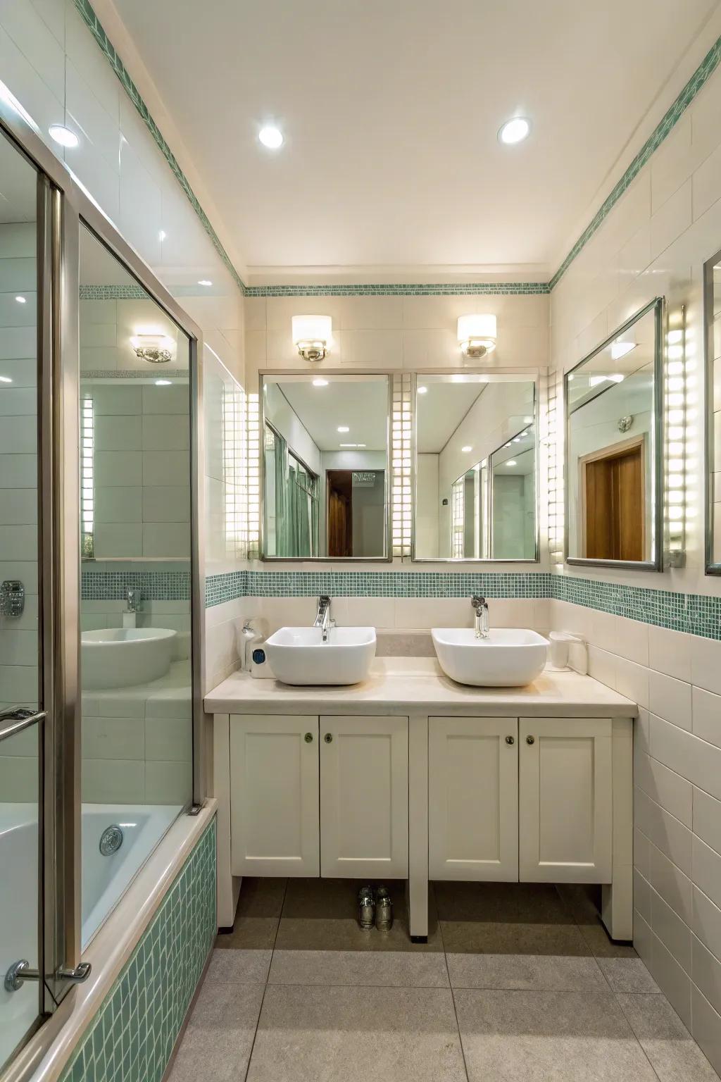 Mirrors reflecting light and space in a tiny bathroom