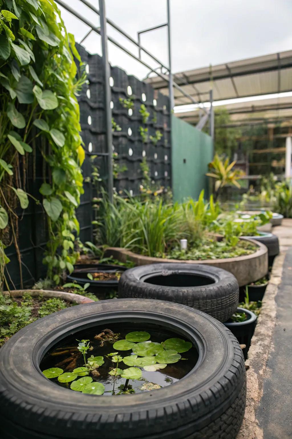 A vertical garden amplifies dimension and greenery to a tire pond.