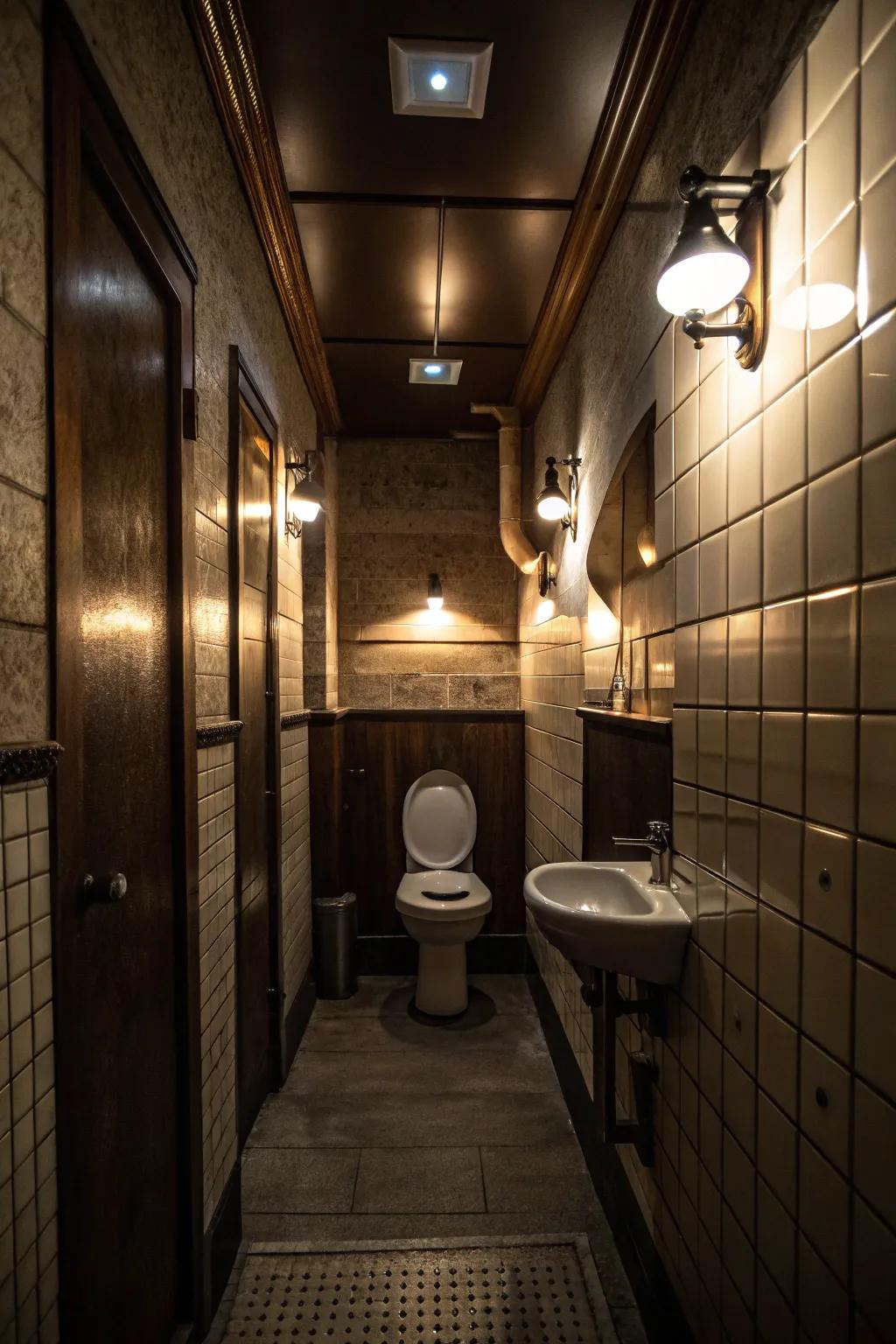 Tiered illumination introducing dimension and mood to a restroom.