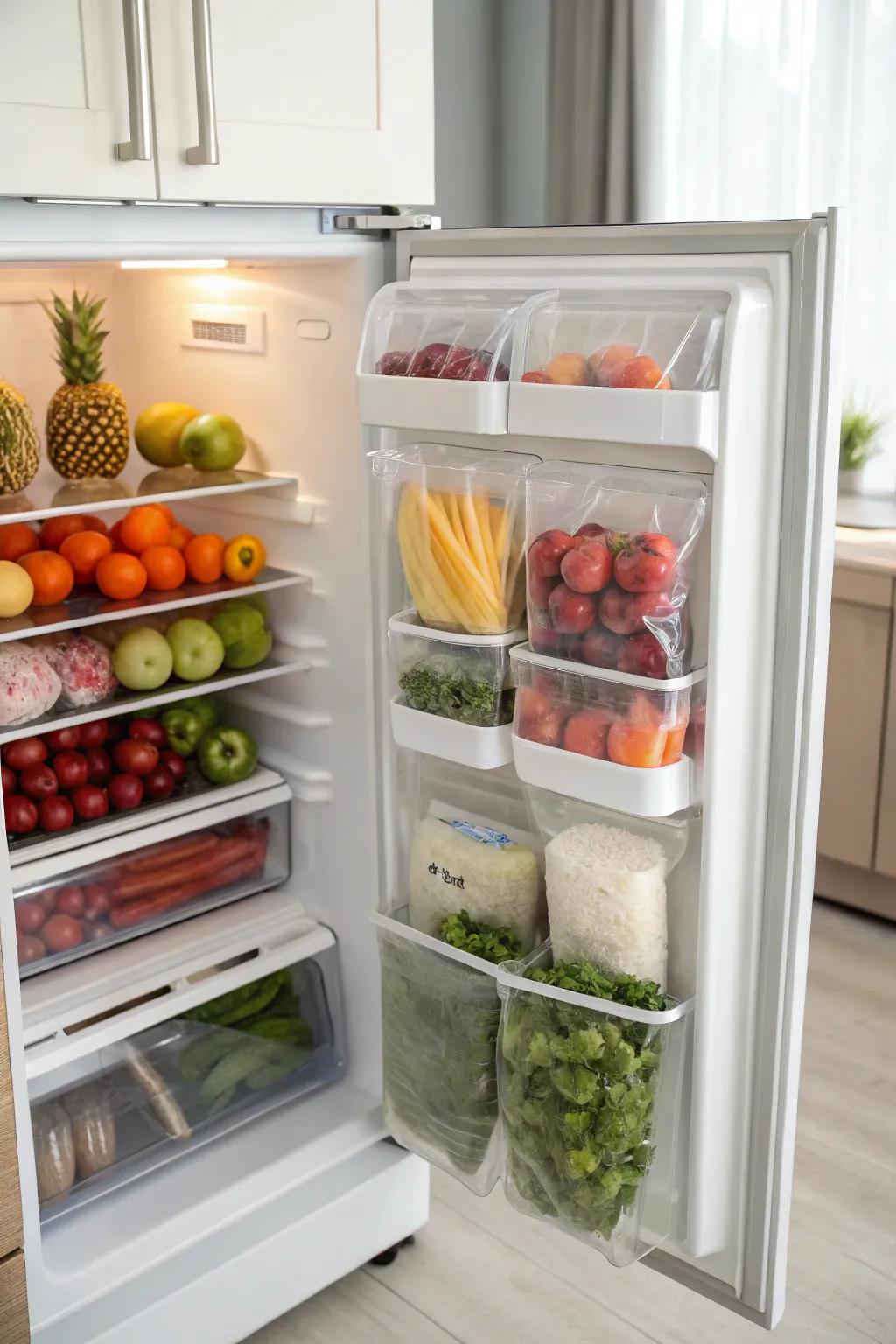 Upright pouch storage in a top freezer, keeping produce arranged and easy to reach.