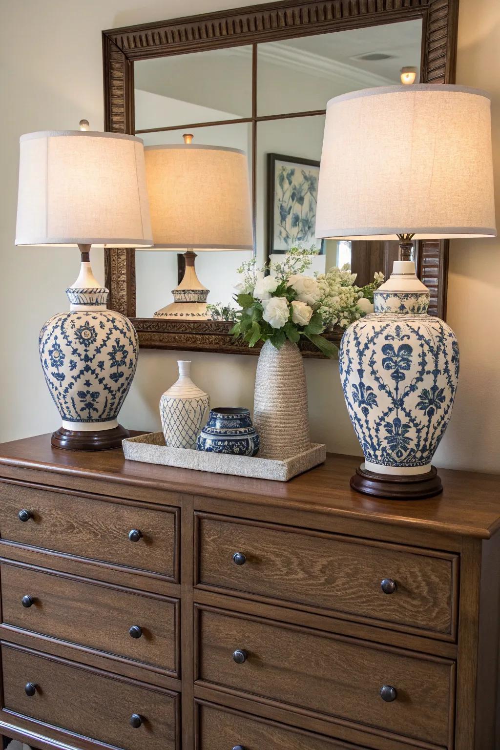 Symmetry cultivates balance and a sense of harmony in a dresser arrangement.