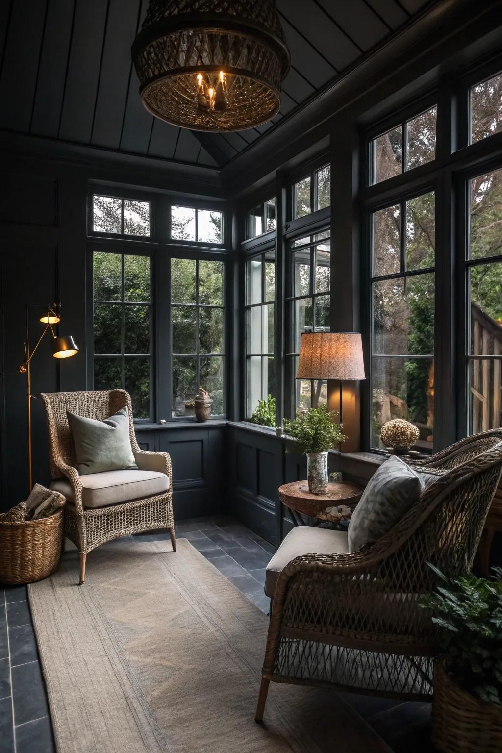 Graphite walls establishing a moody and intimate sunroom atmosphere.