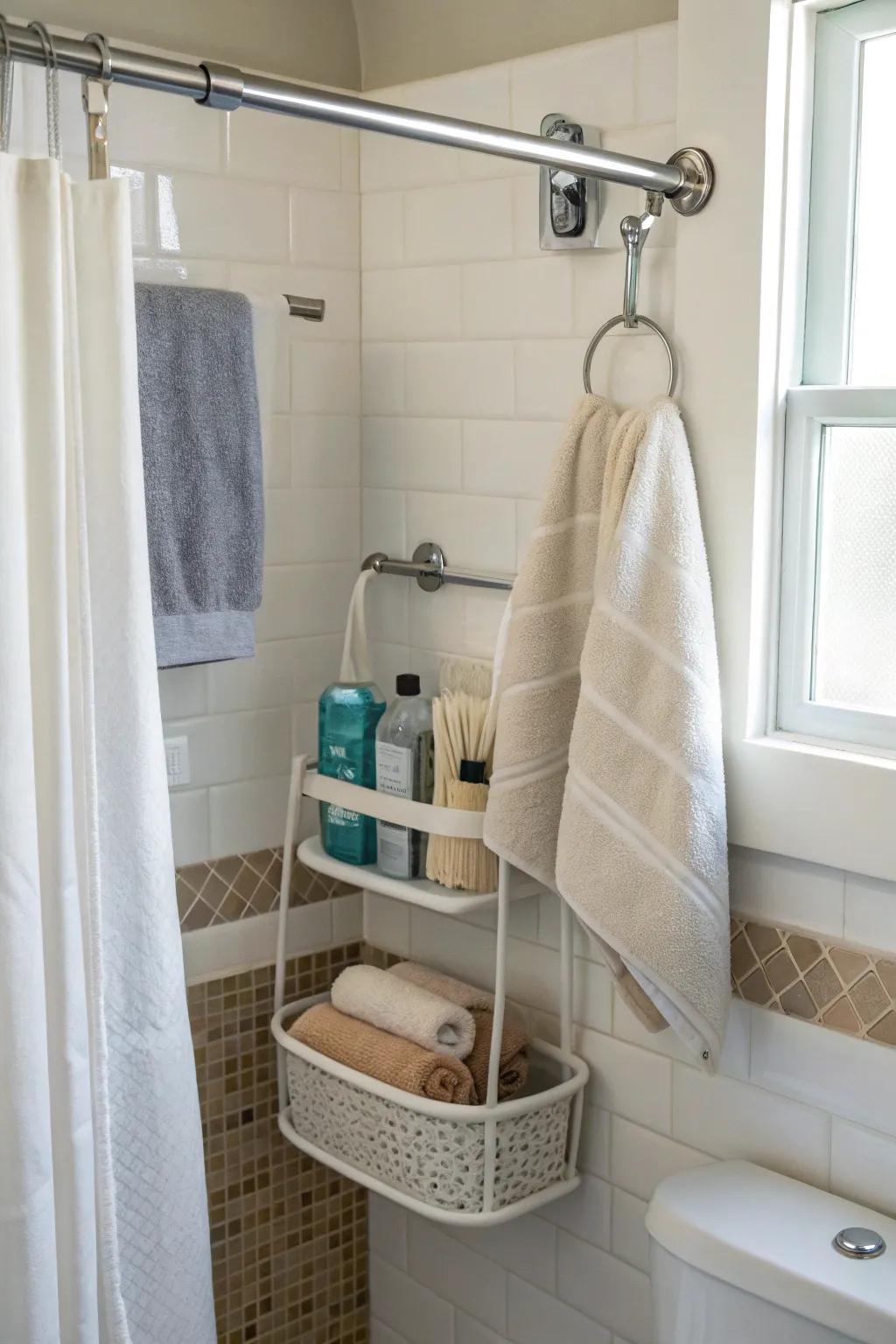 A second shower rod offers additional storage within reach.