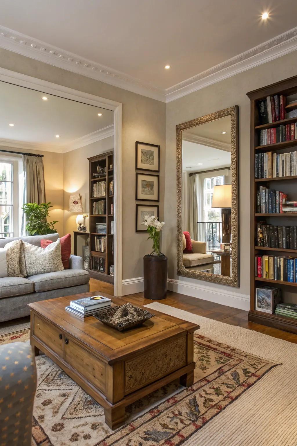 Reflectors append profundity and reflect light, enhancing the room's spaciousness.