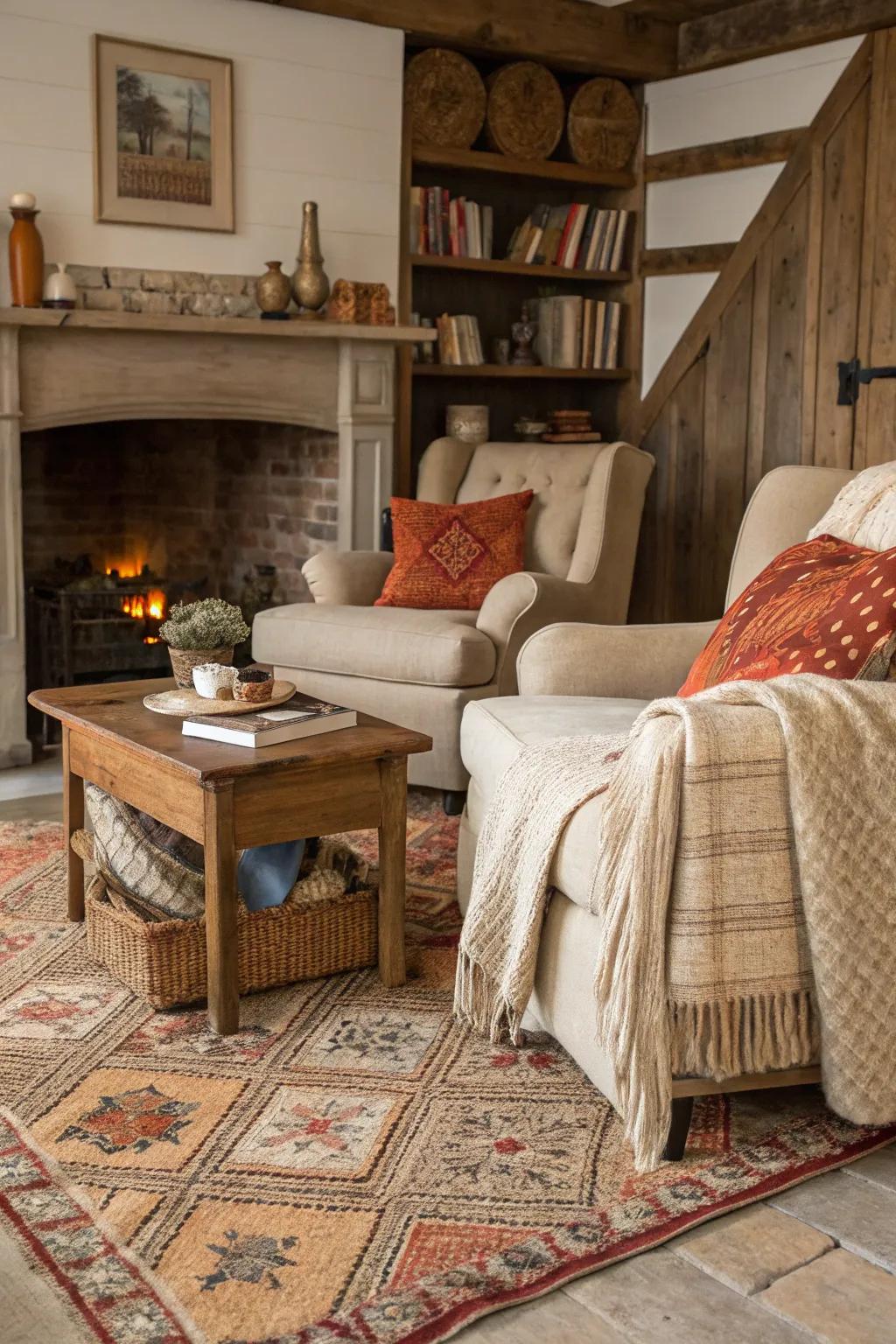 Textiles introduce coziness and texture to the fireplace.