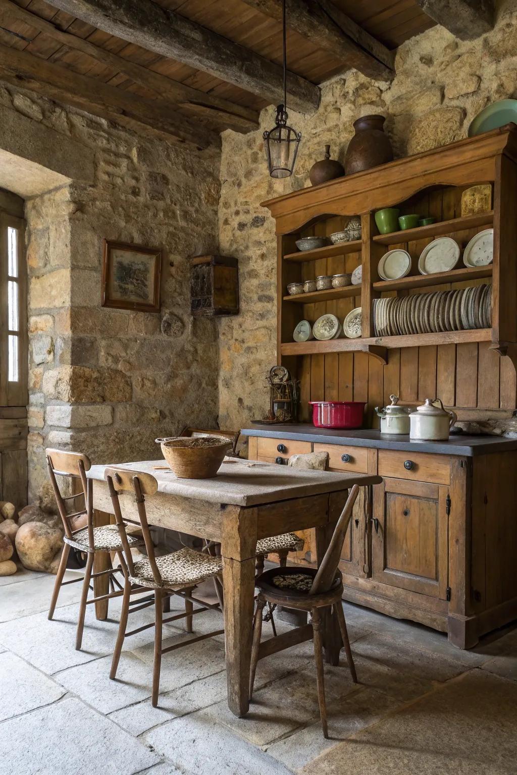 Rustic components create a grounding and organic atmosphere.