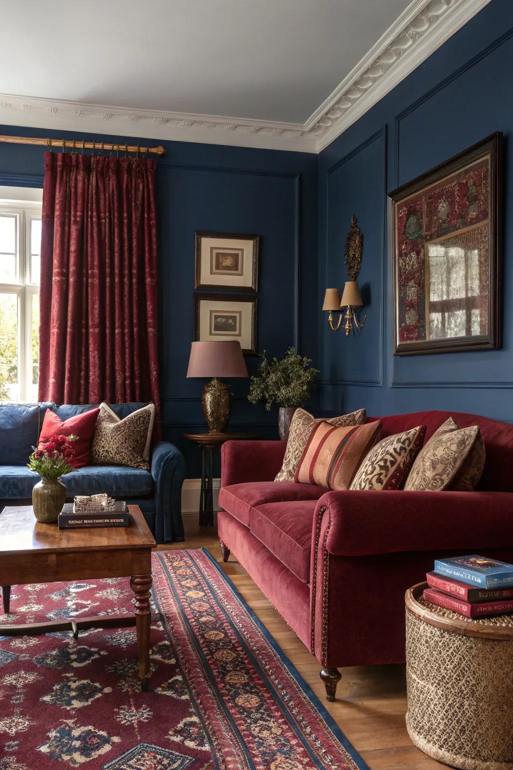 Striking accent tones enhance the vibrancy of this traditional relaxation space.