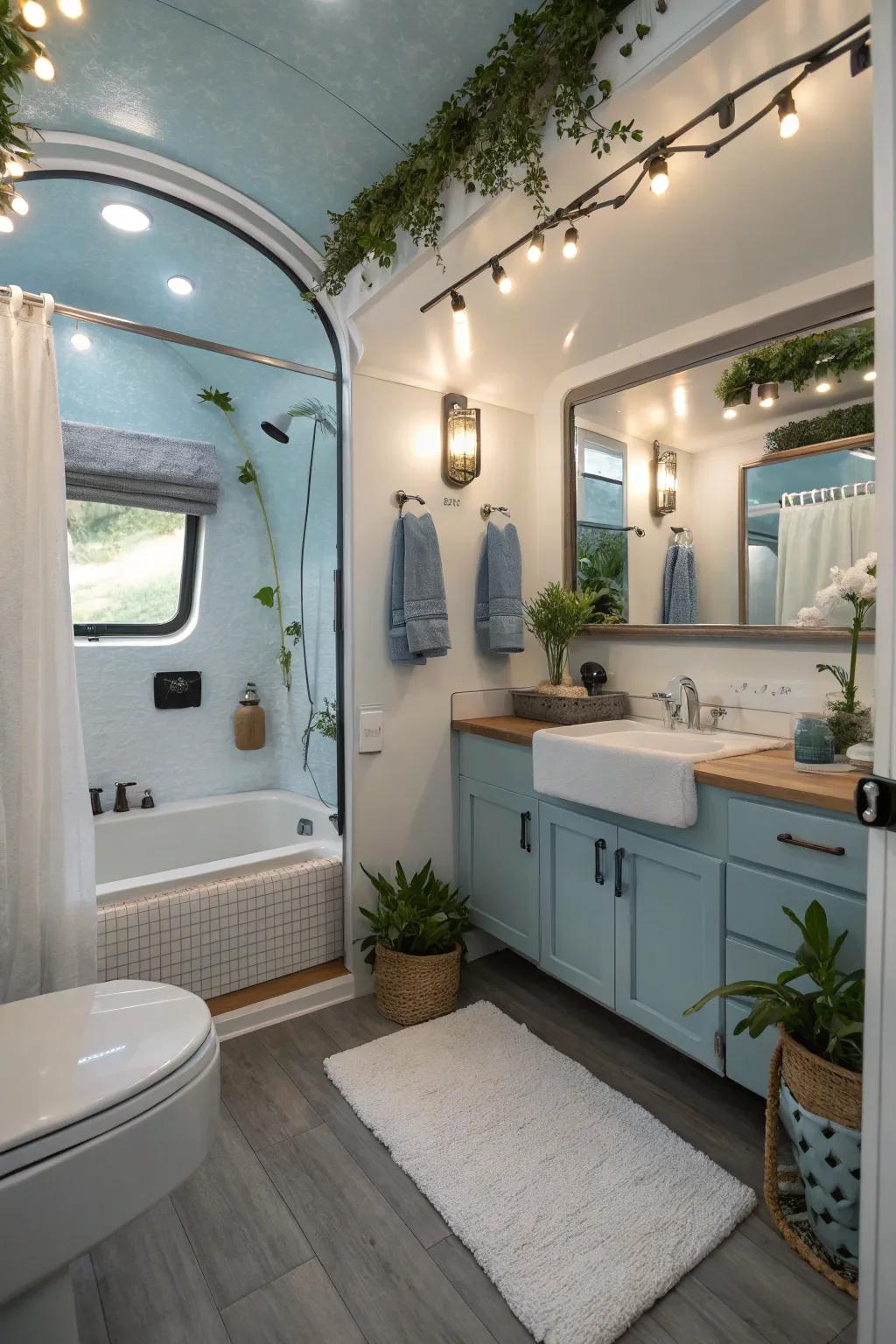 A camper bathroom designed with a calming, spa-like aesthetic.