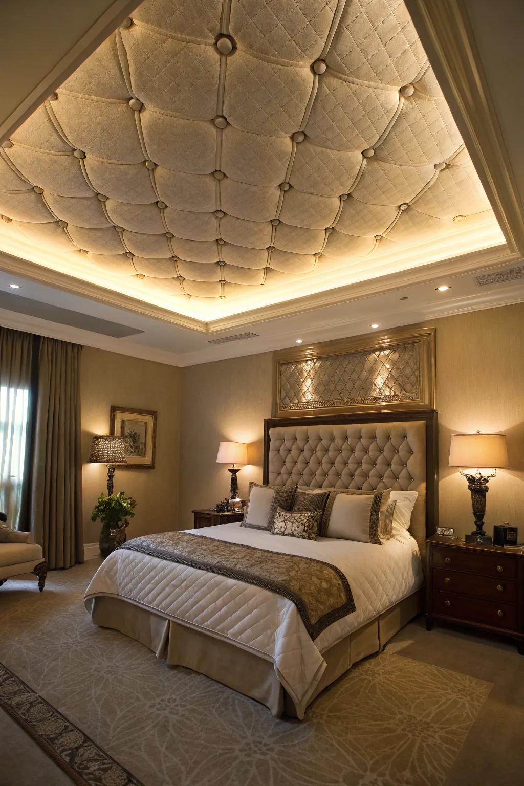 A bedroom featuring an upholstered tray ceiling for a touch of softness.
