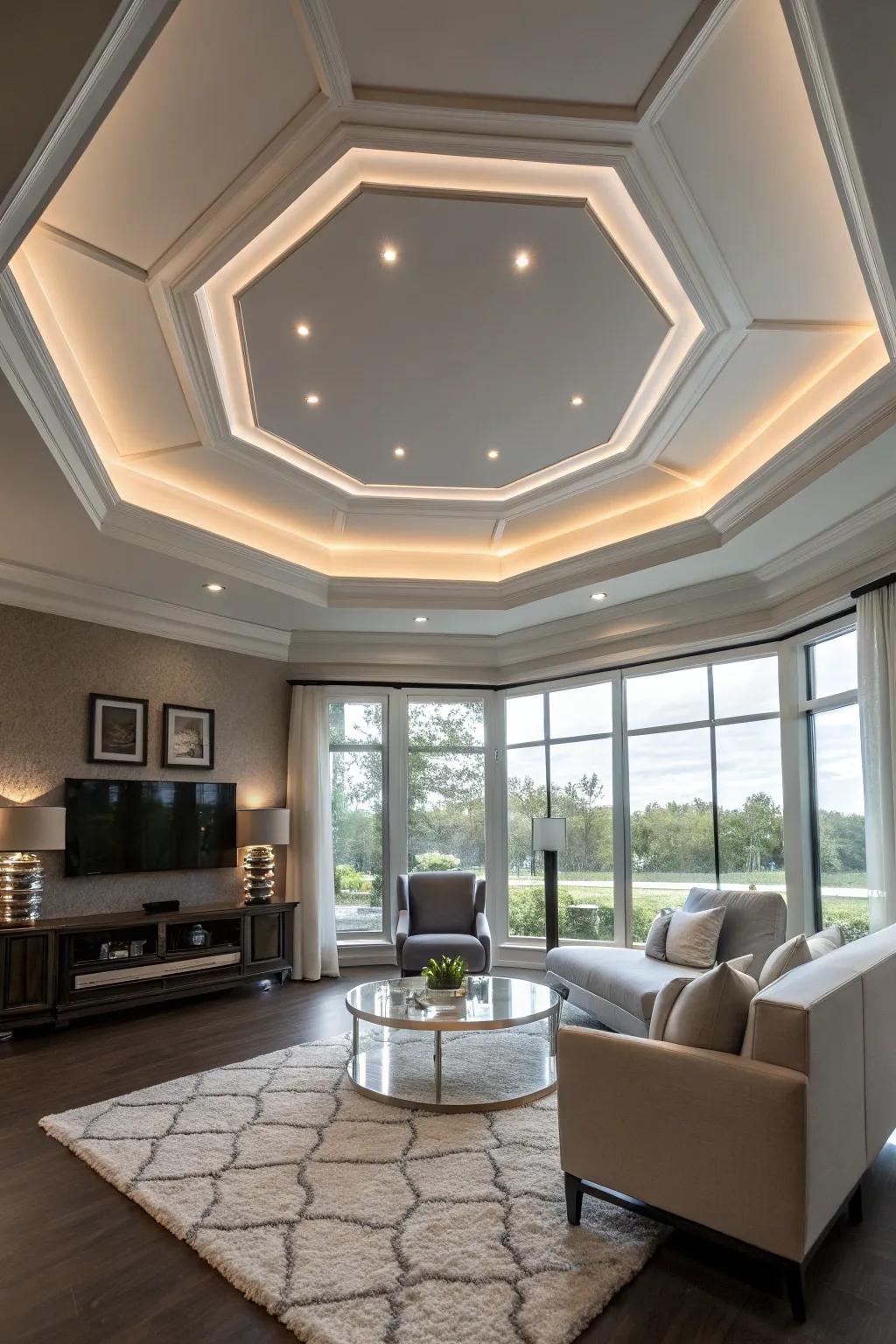 A modern room featuring an octagonal tray ceiling.