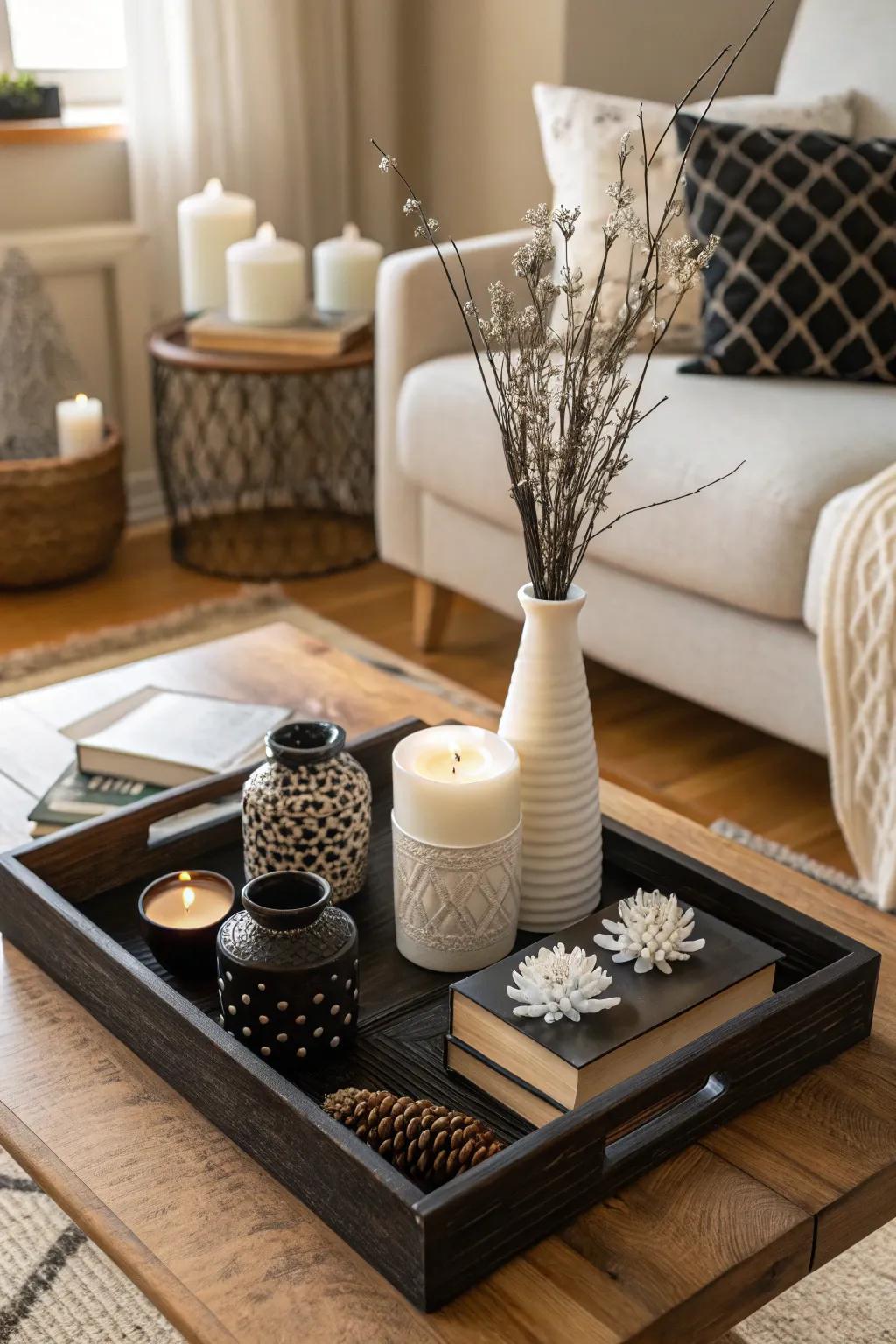 Exude elegance through a monochrome tray display.