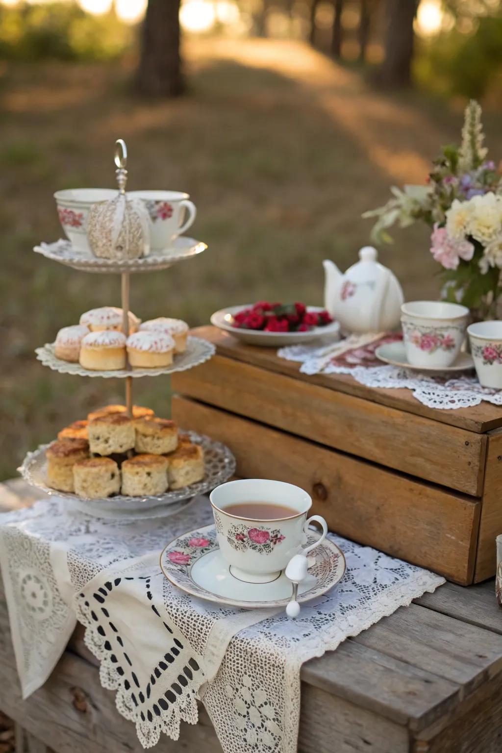 Heritage tea gathering setup featuring tea vessels and scones.